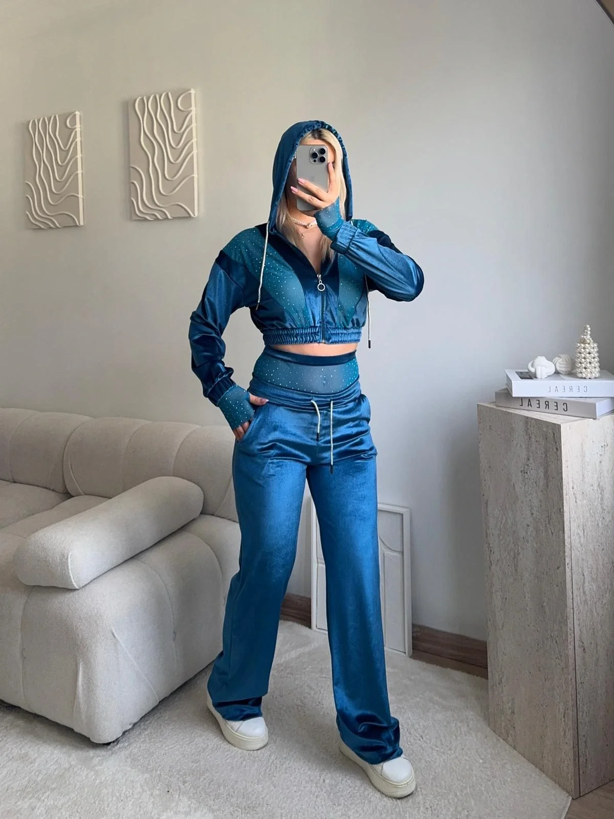 Şifon Detay Taşlı İkili Takım - MAVİ