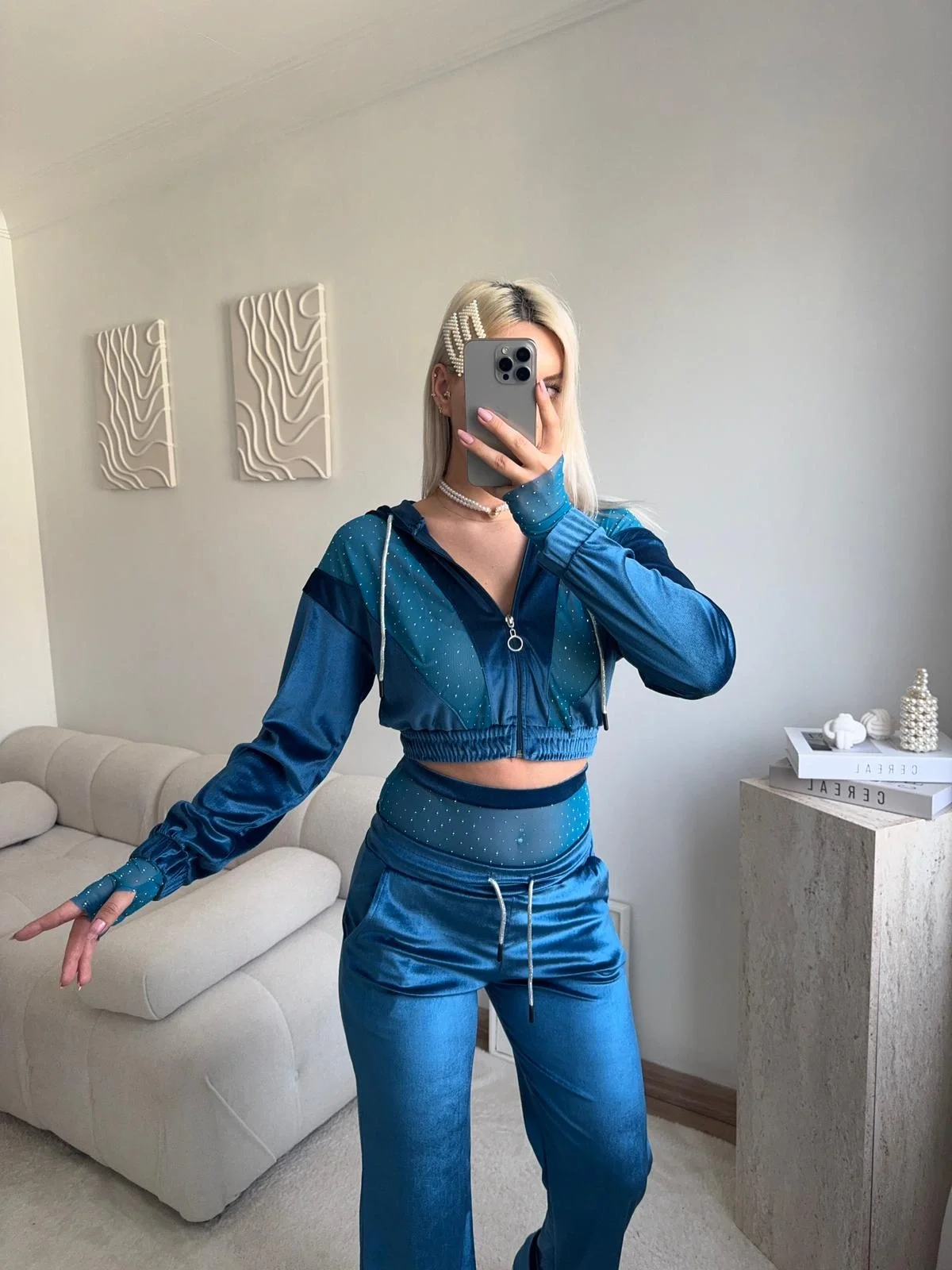 Şifon Detay Taşlı İkili Takım - MAVİ