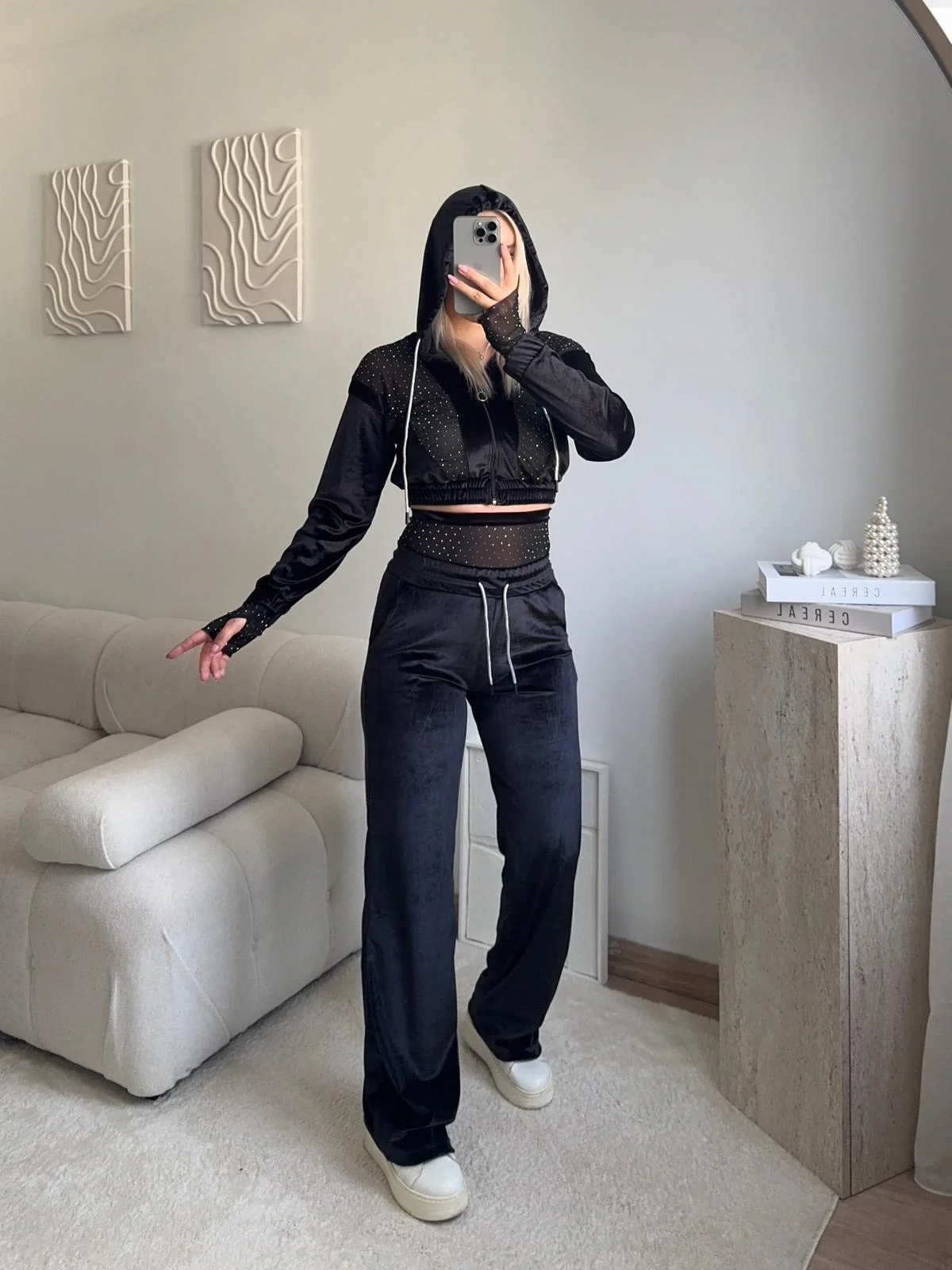 Şifon Detay Taşlı İkili Takım - SİYAH