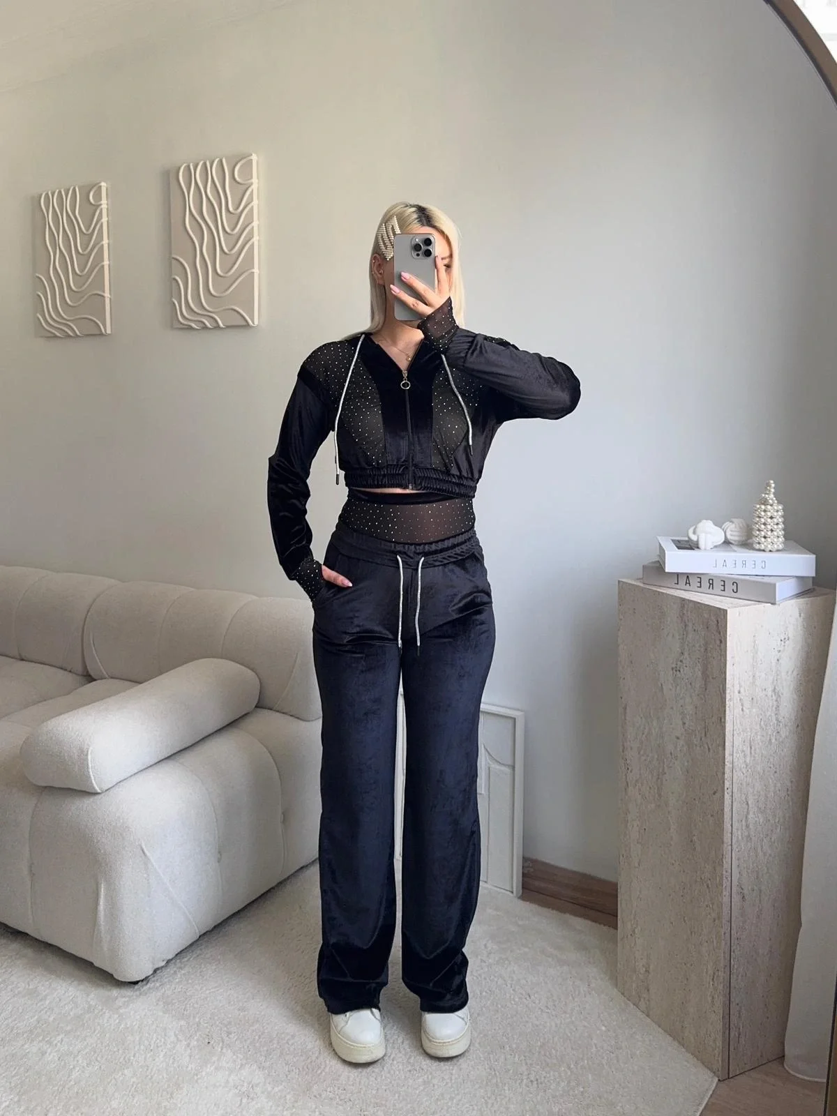 Şifon Detay Taşlı İkili Takım - SİYAH