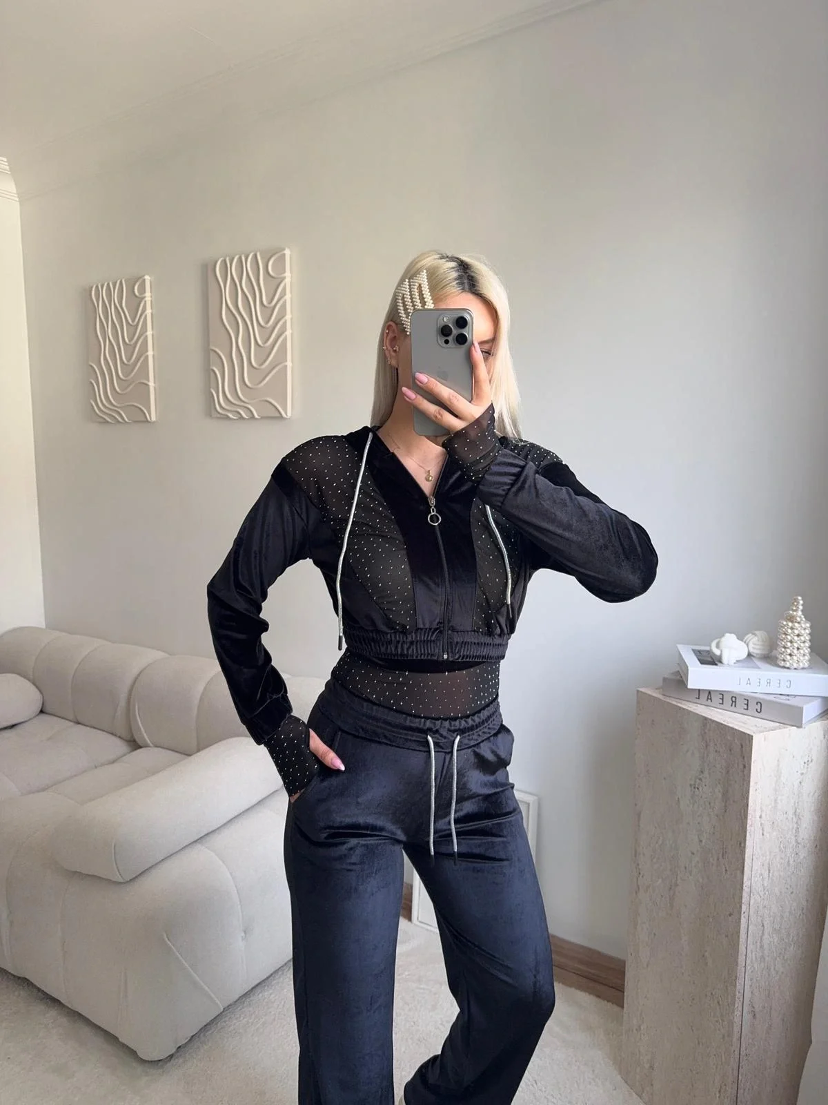 Şifon Detay Taşlı İkili Takım - SİYAH