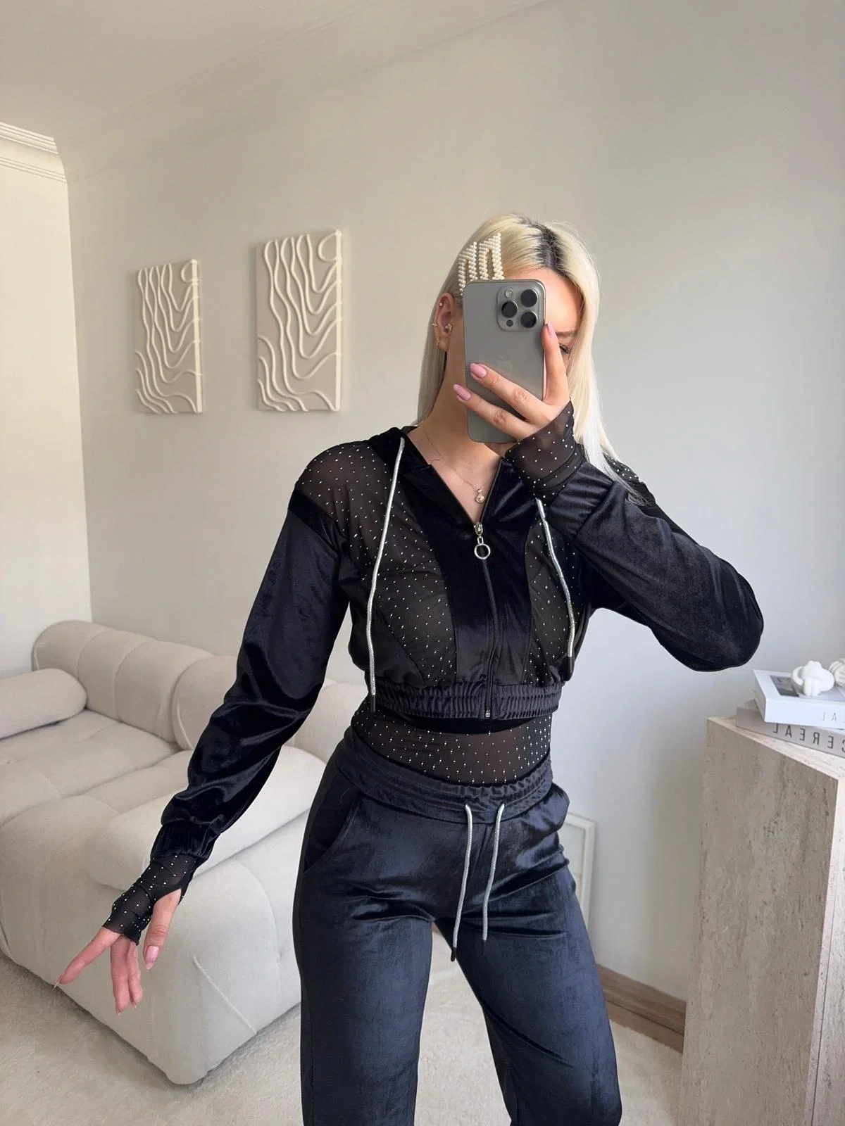 Şifon Detay Taşlı İkili Takım - SİYAH