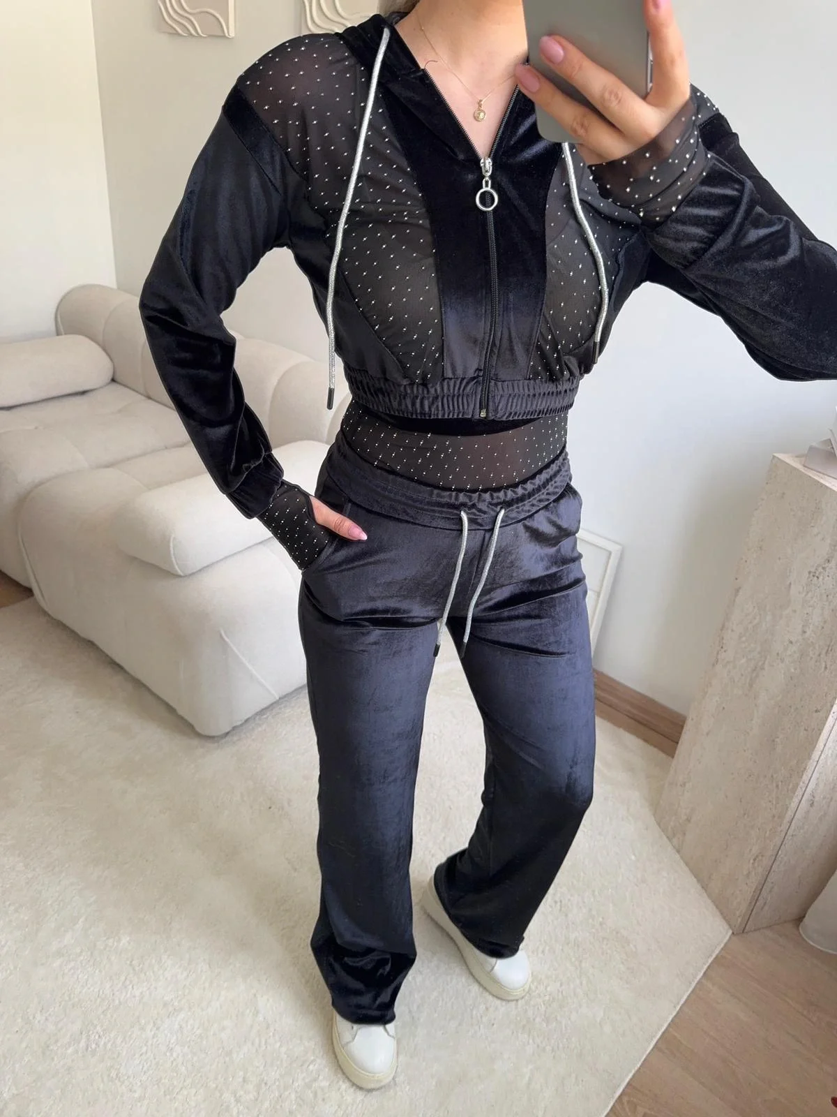 Şifon Detay Taşlı İkili Takım - SİYAH