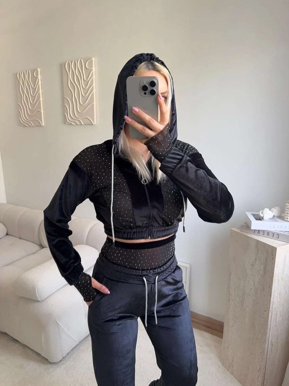 Şifon Detay Taşlı İkili Takım - SİYAH