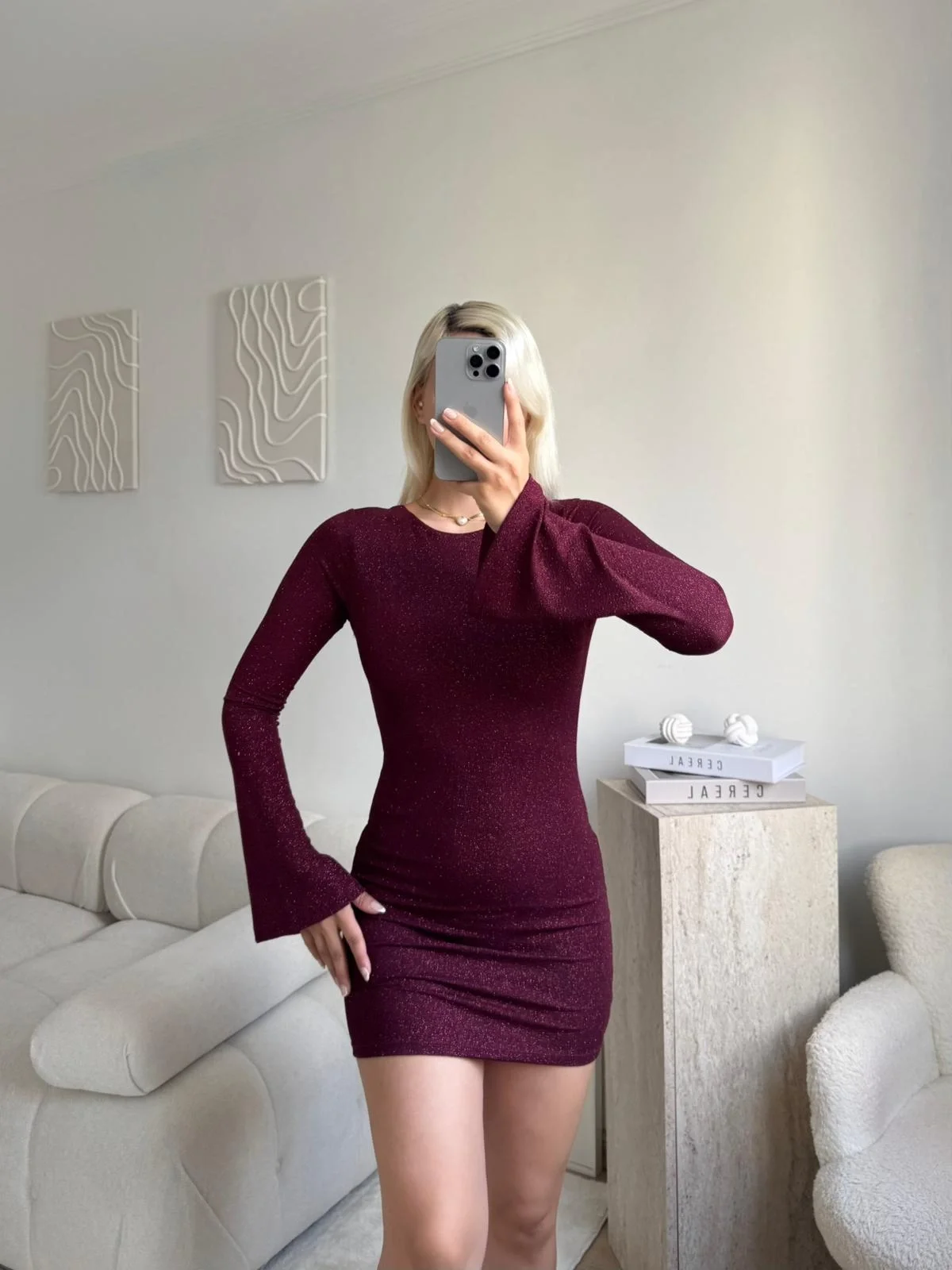 Simli Sırt Dekolte Elbise - BORDO