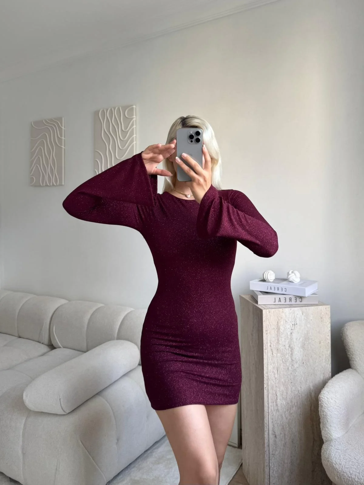 Simli Sırt Dekolte Elbise - BORDO