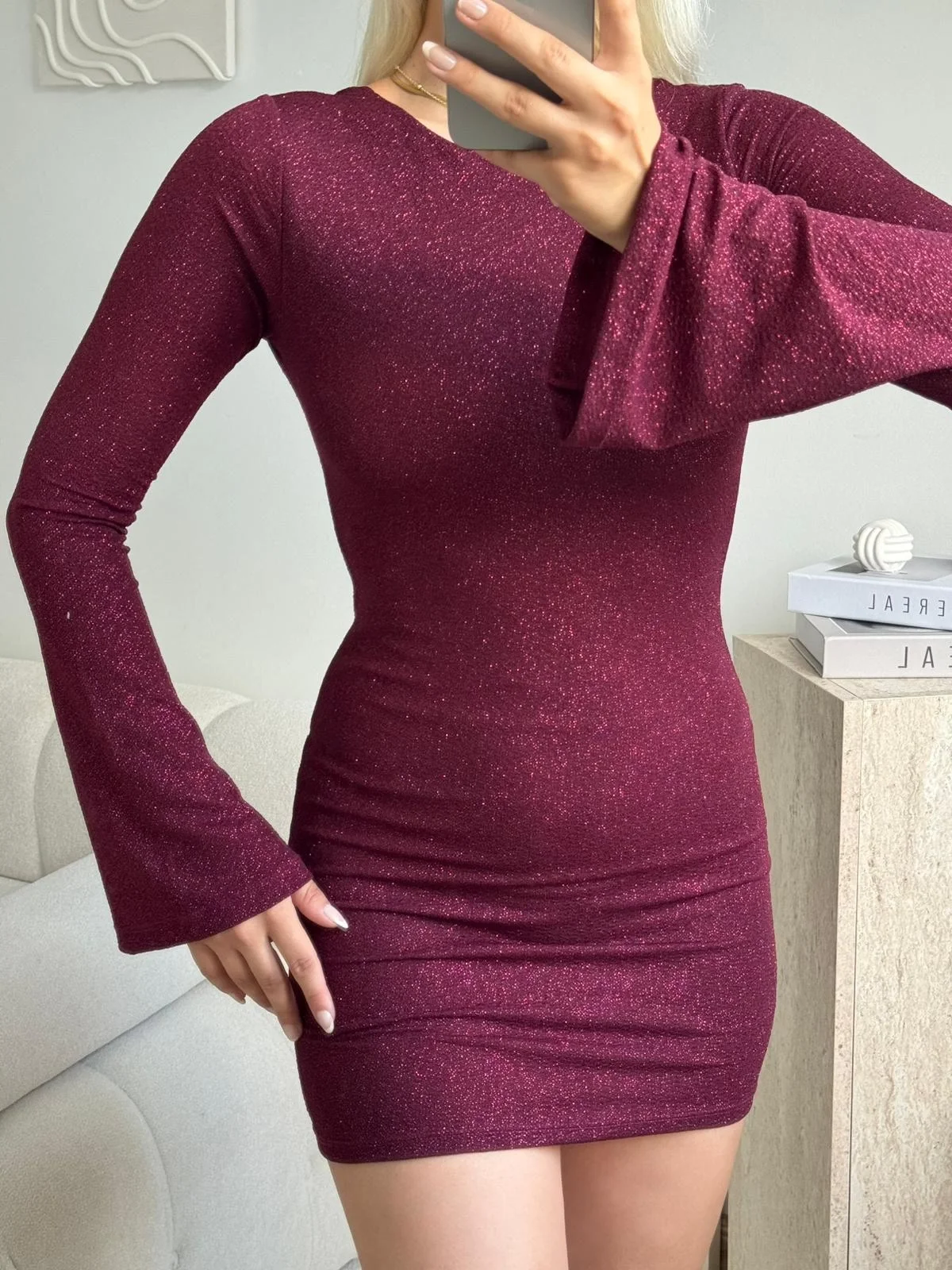 Simli Sırt Dekolte Elbise - BORDO