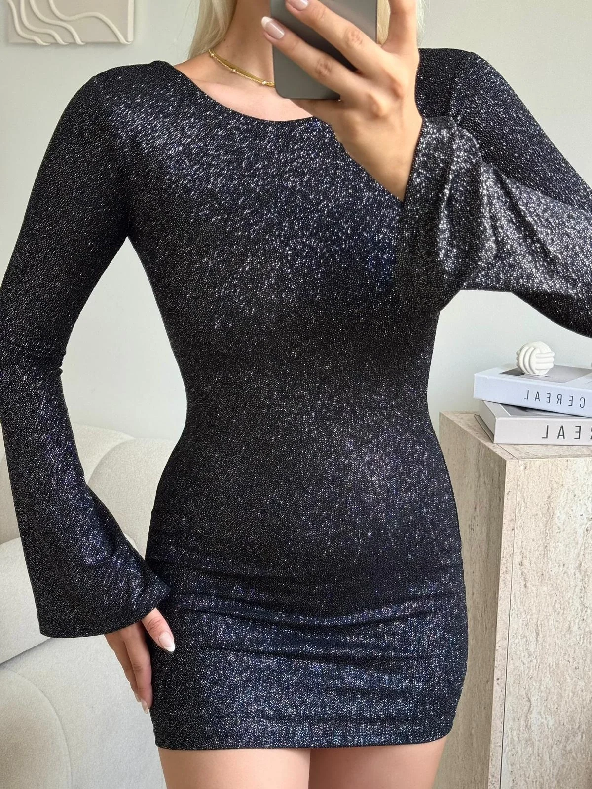 Simli Sırt Dekolte Elbise - SİYAH