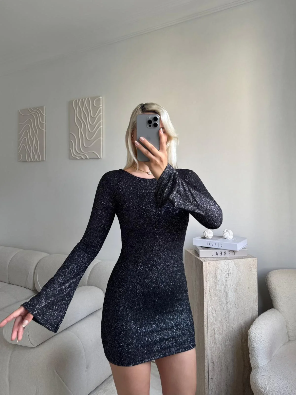 Simli Sırt Dekolte Elbise - SİYAH