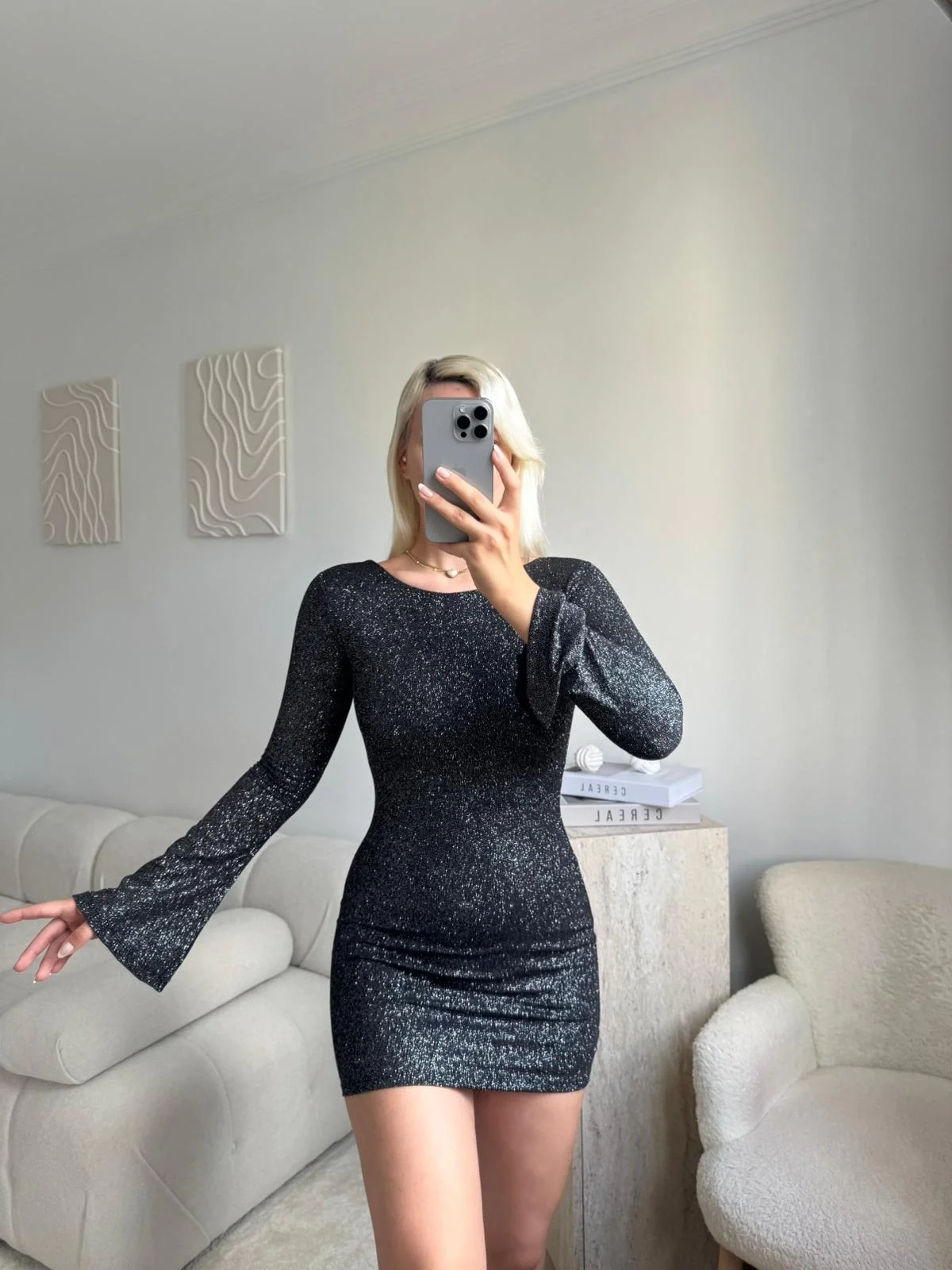 Simli Sırt Dekolte Elbise - SİYAH