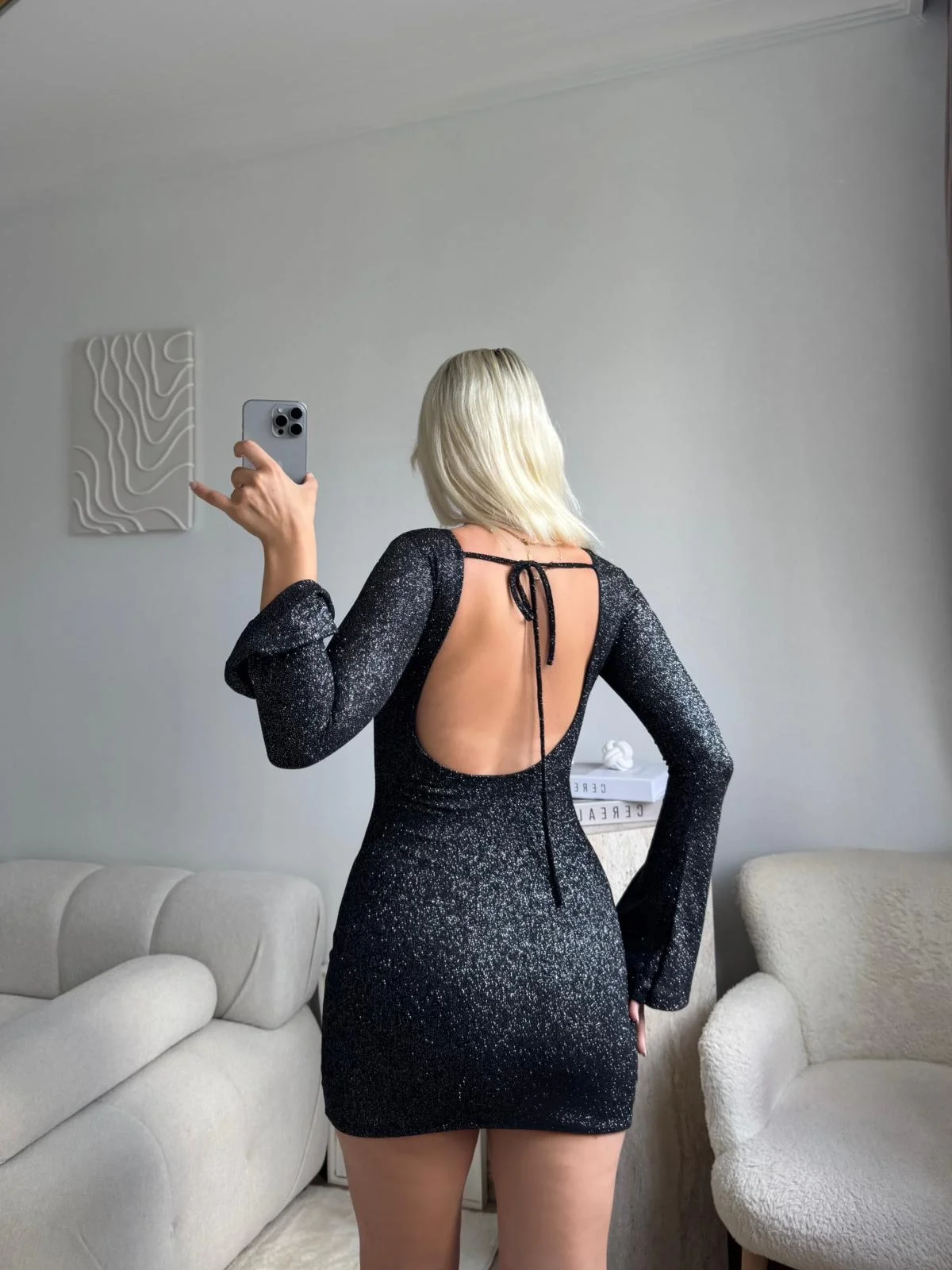 Simli Sırt Dekolte Elbise - SİYAH