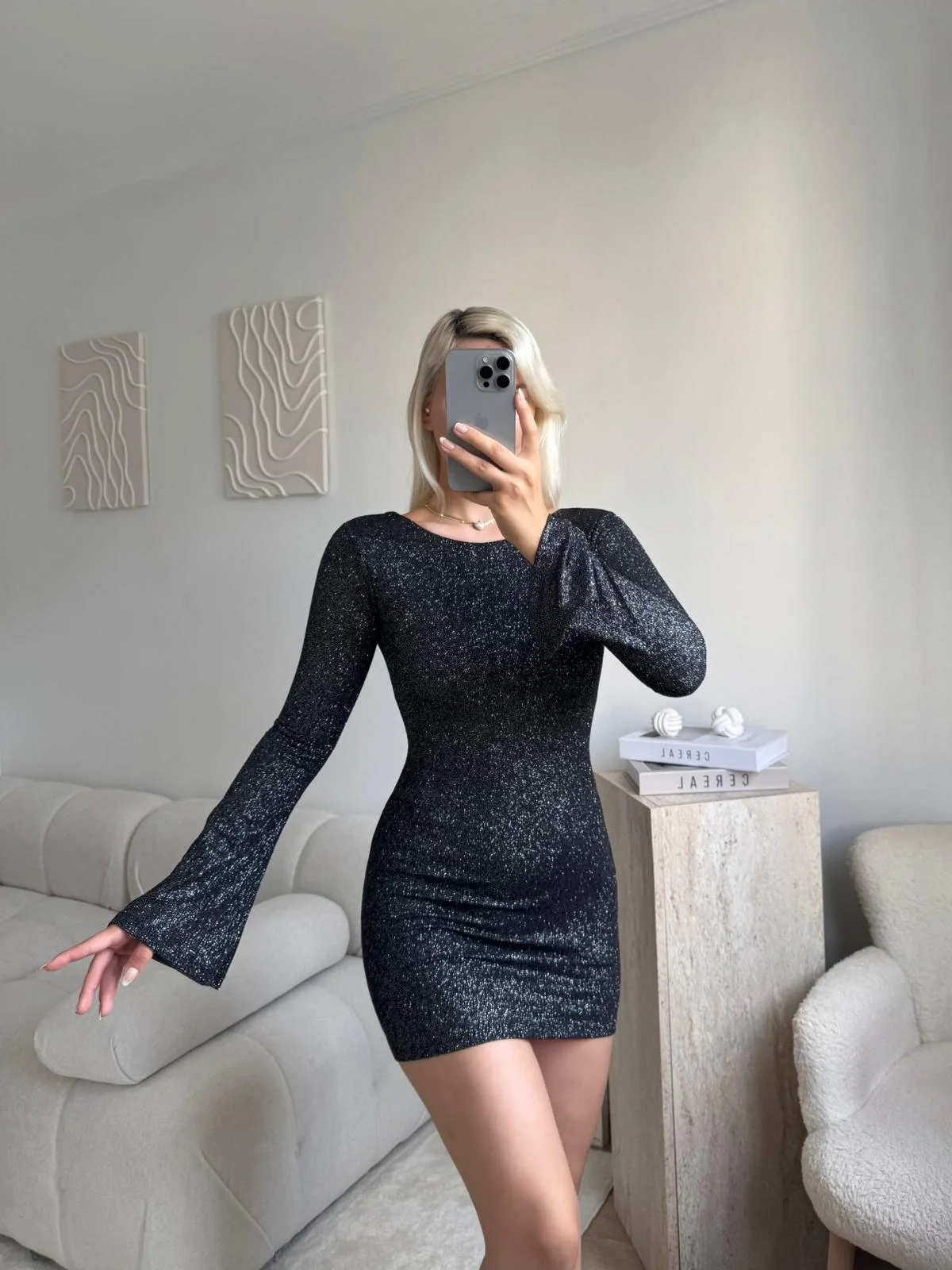 Simli Sırt Dekolte Elbise - SİYAH