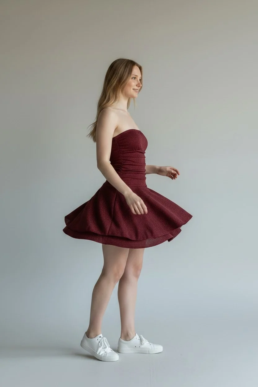 Simli Straplez Şortlu Elbise - BORDO
