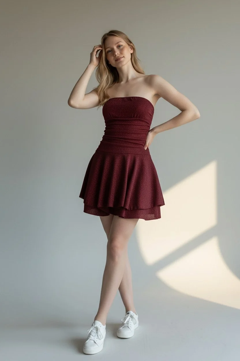 Simli Straplez Şortlu Elbise - BORDO