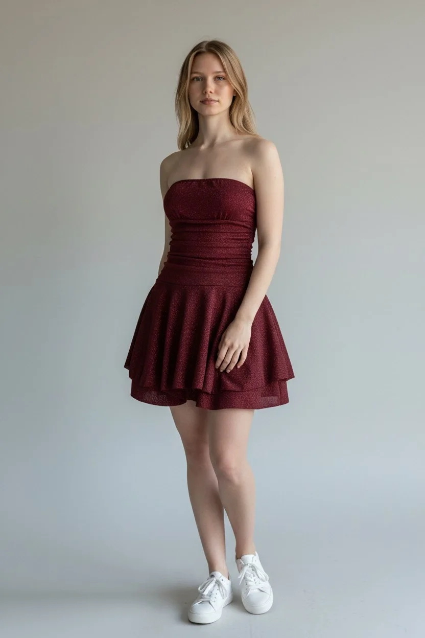 Simli Straplez Şortlu Elbise - BORDO