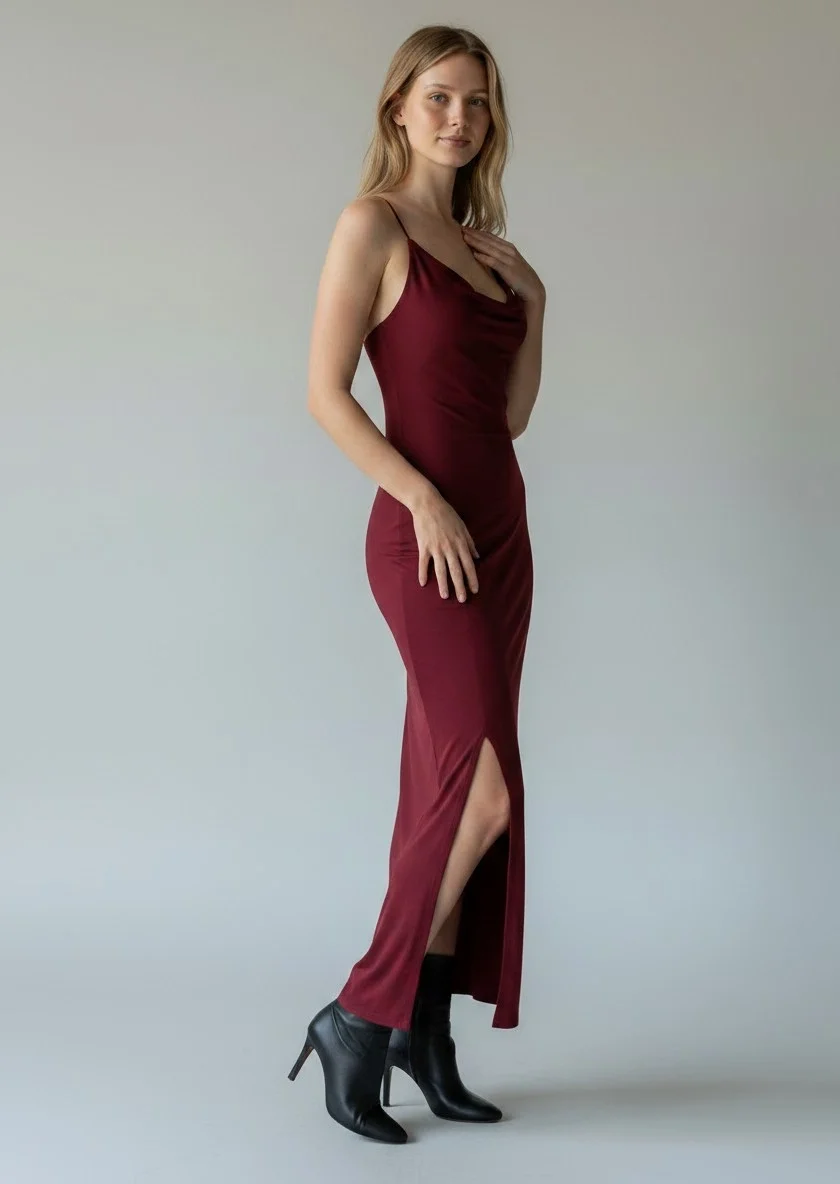 Sırt Çapraz Degaje Askılı Elbise - BORDO