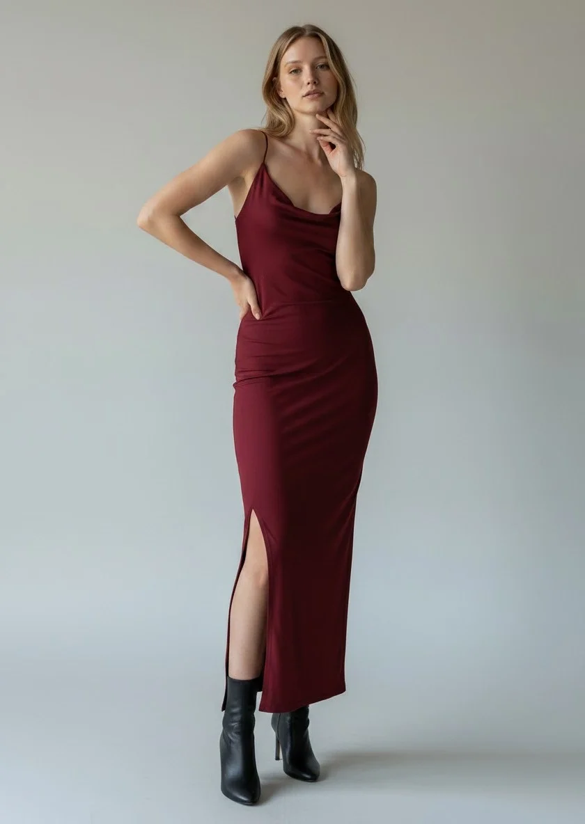 Sırt Çapraz Degaje Askılı Elbise - BORDO