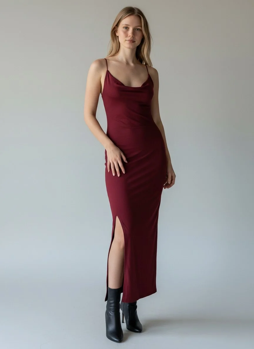 Sırt Çapraz Degaje Askılı Elbise - BORDO