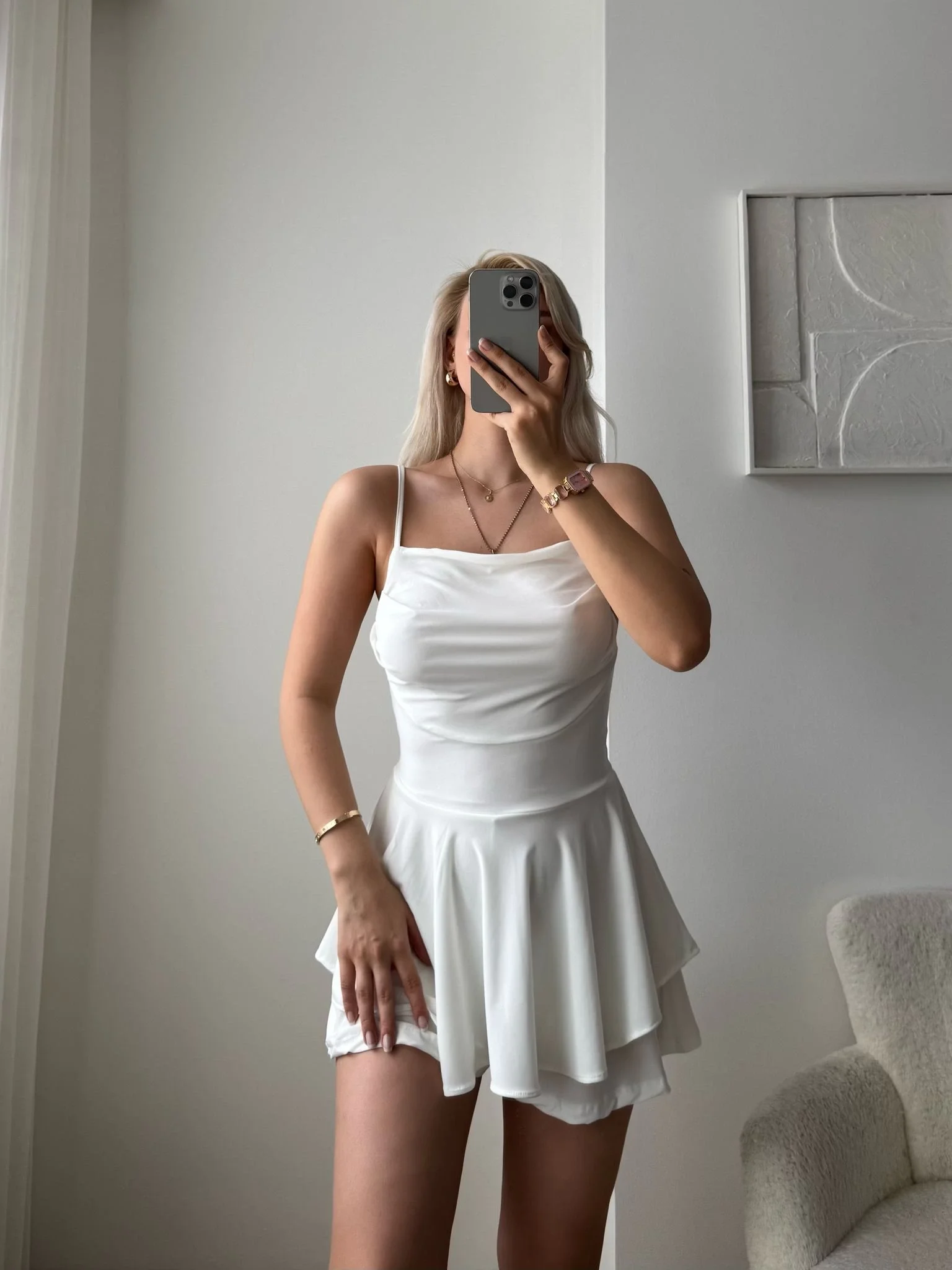 Sırt Dekolte Askılı Şortlu Elbise-BEYAZ