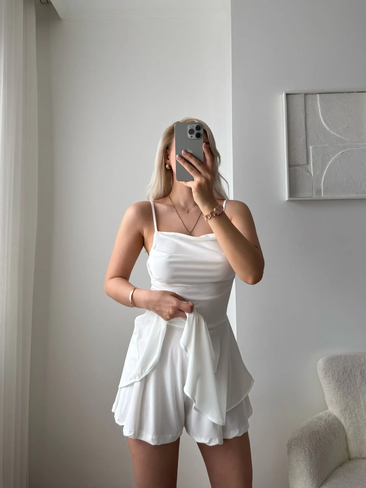 Sırt Dekolte Askılı Şortlu Elbise-BEYAZ