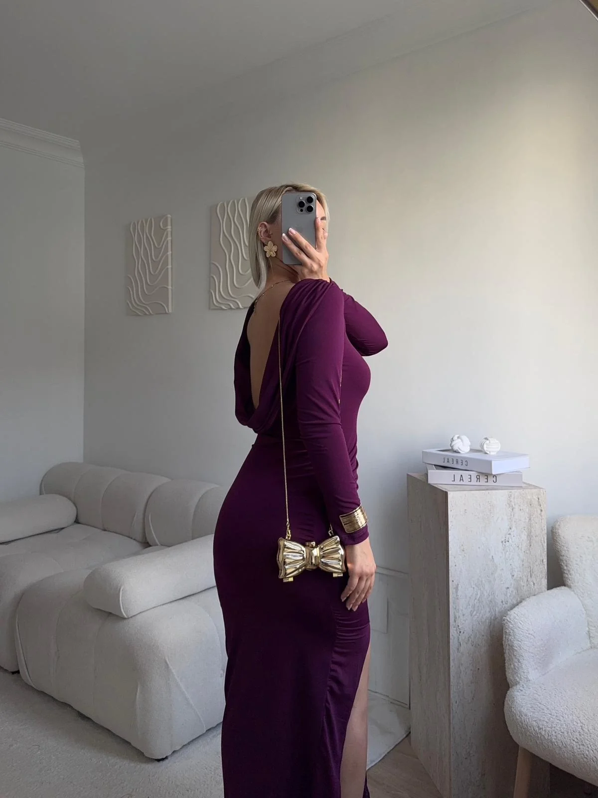 Sırt Dekolte Derin Yırtmaç Elbise - MOR