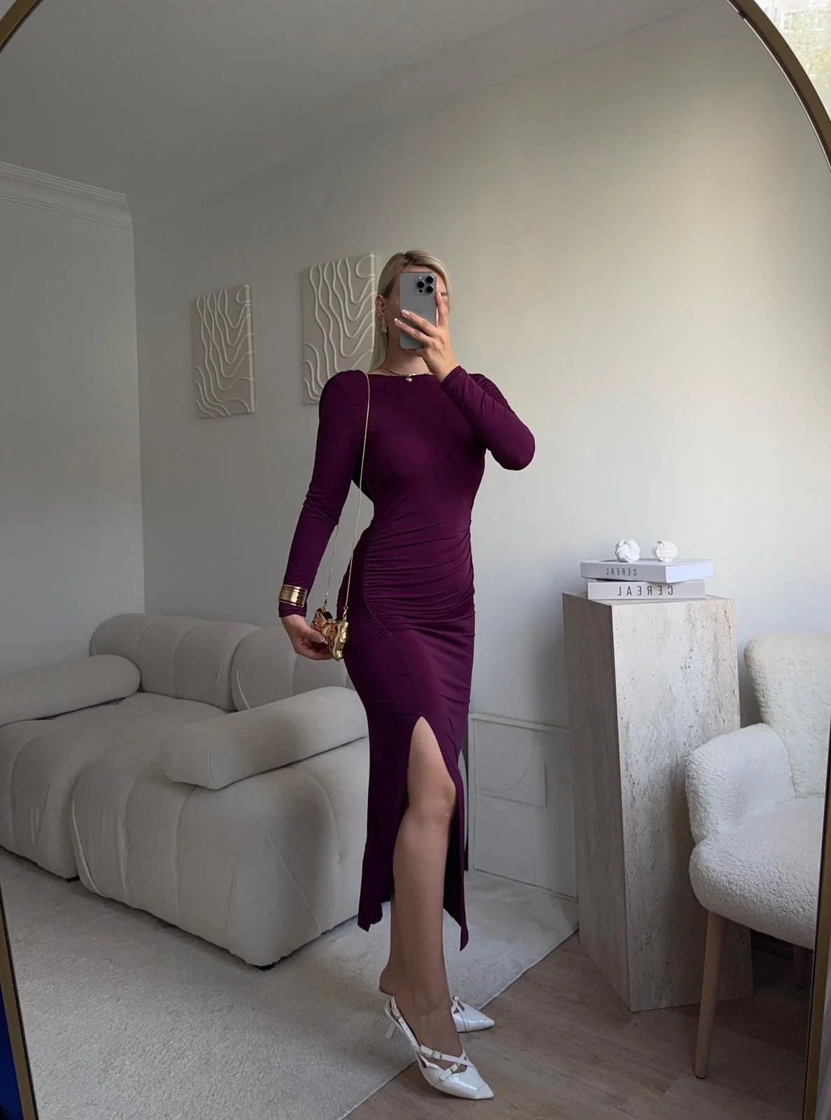 Sırt Dekolte Derin Yırtmaç Elbise - MOR