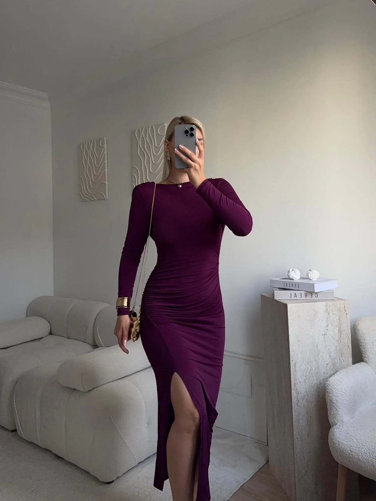 Sırt Dekolte Derin Yırtmaç Elbise - MOR