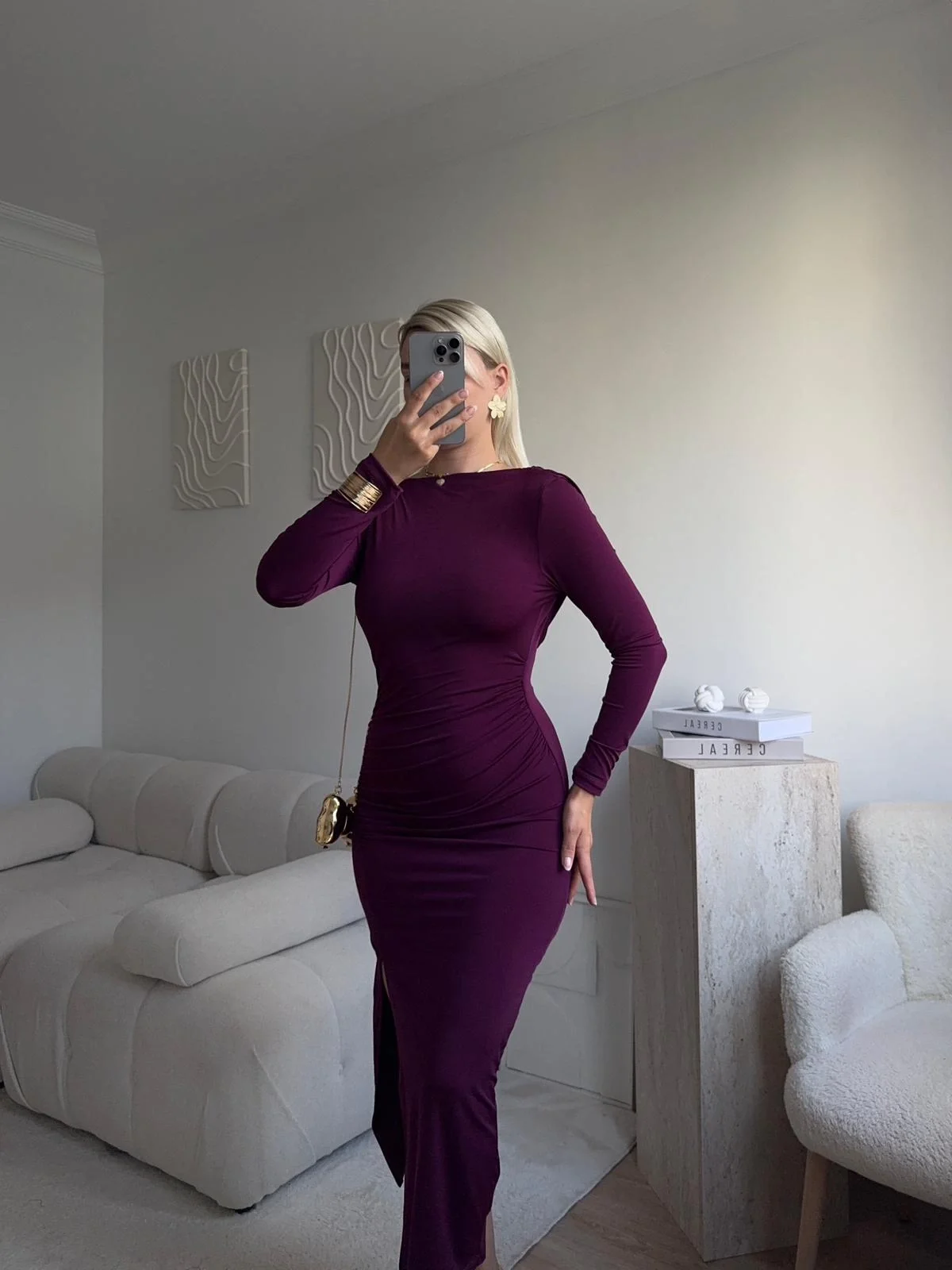 Sırt Dekolte Derin Yırtmaç Elbise - MOR