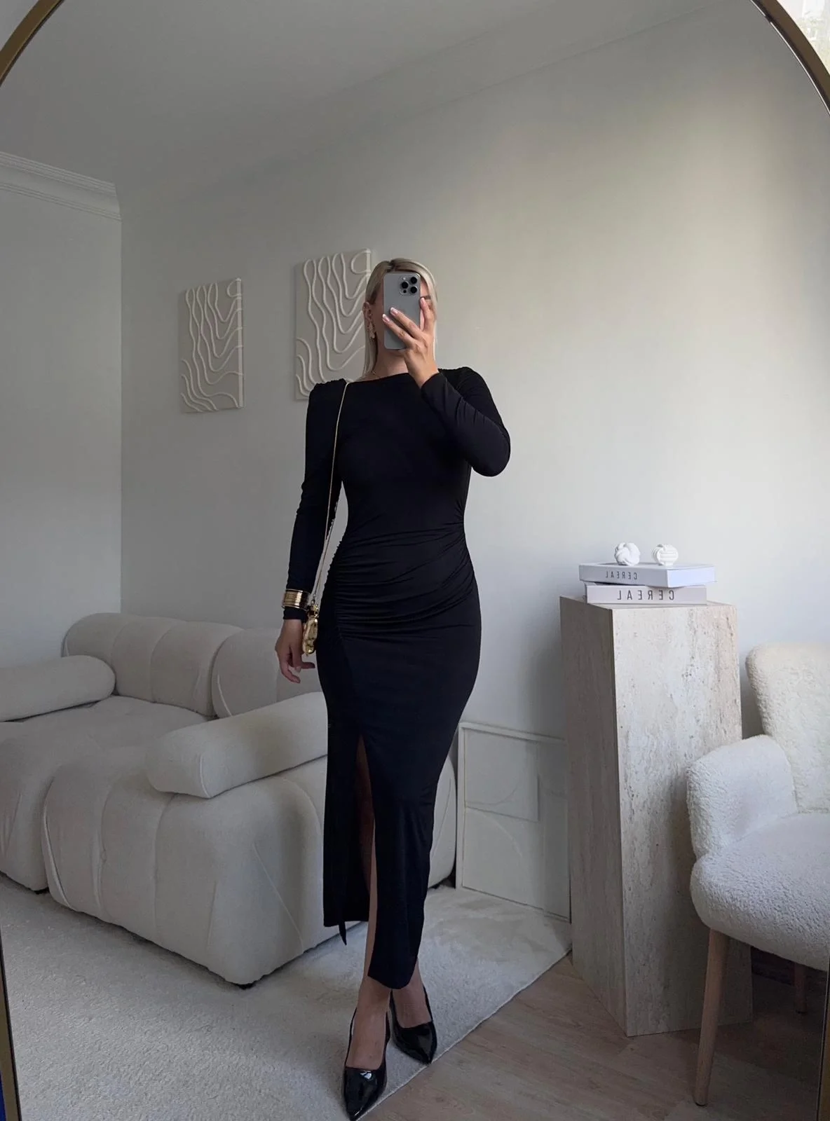 Sırt Dekolte Derin Yırtmaç Elbise - SİYAH