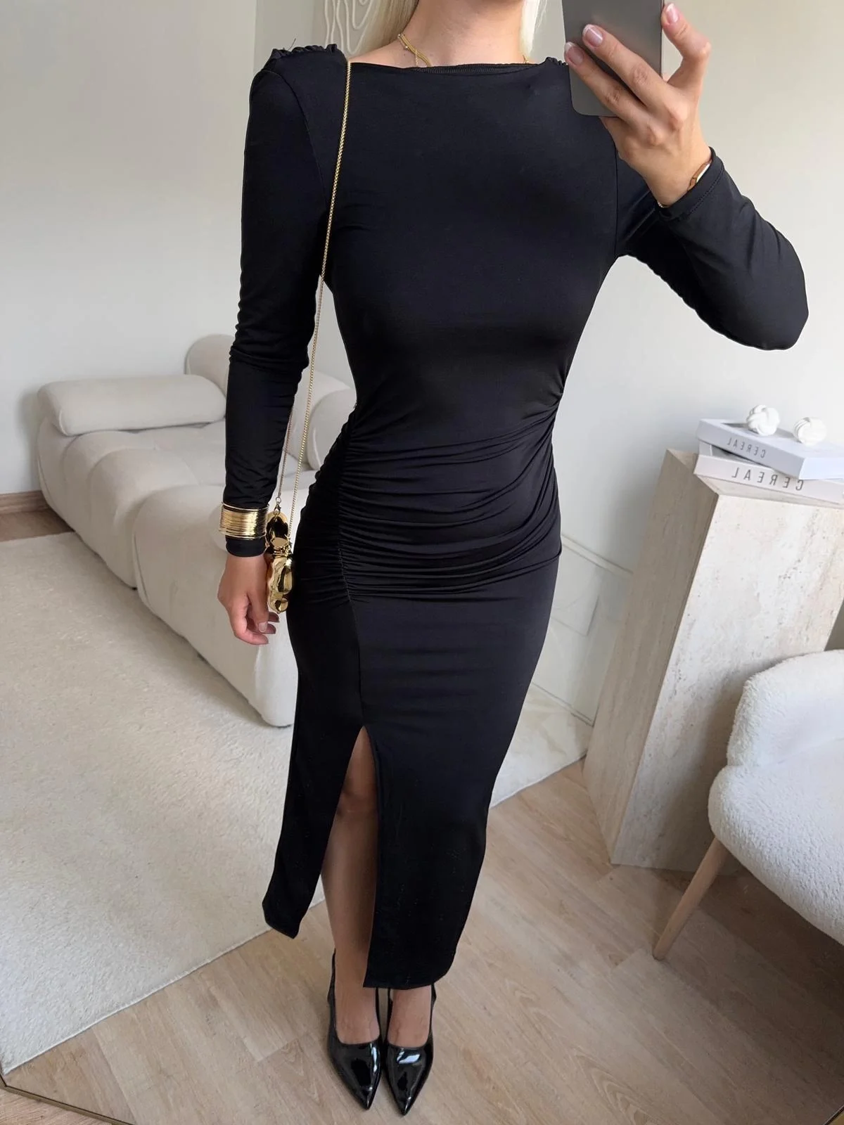 Sırt Dekolte Derin Yırtmaç Elbise - SİYAH