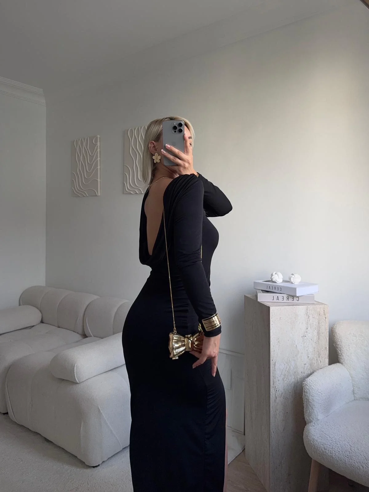 Sırt Dekolte Derin Yırtmaç Elbise - SİYAH