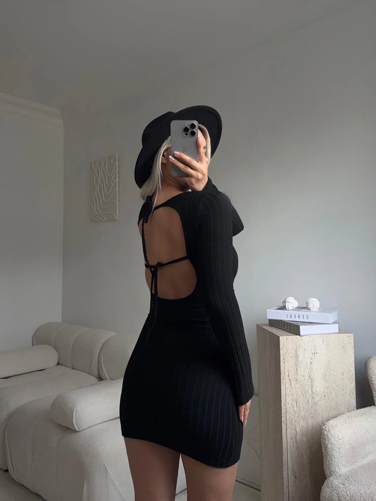 Sırt Dekolte Fitilli Elbise - SİYAH