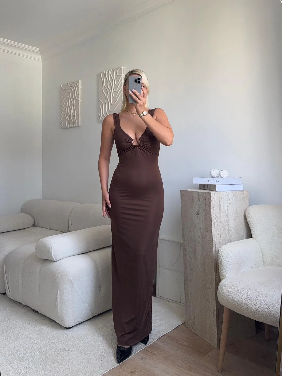 Sırt Dekolte Halka Detay Elbise - KAHVE