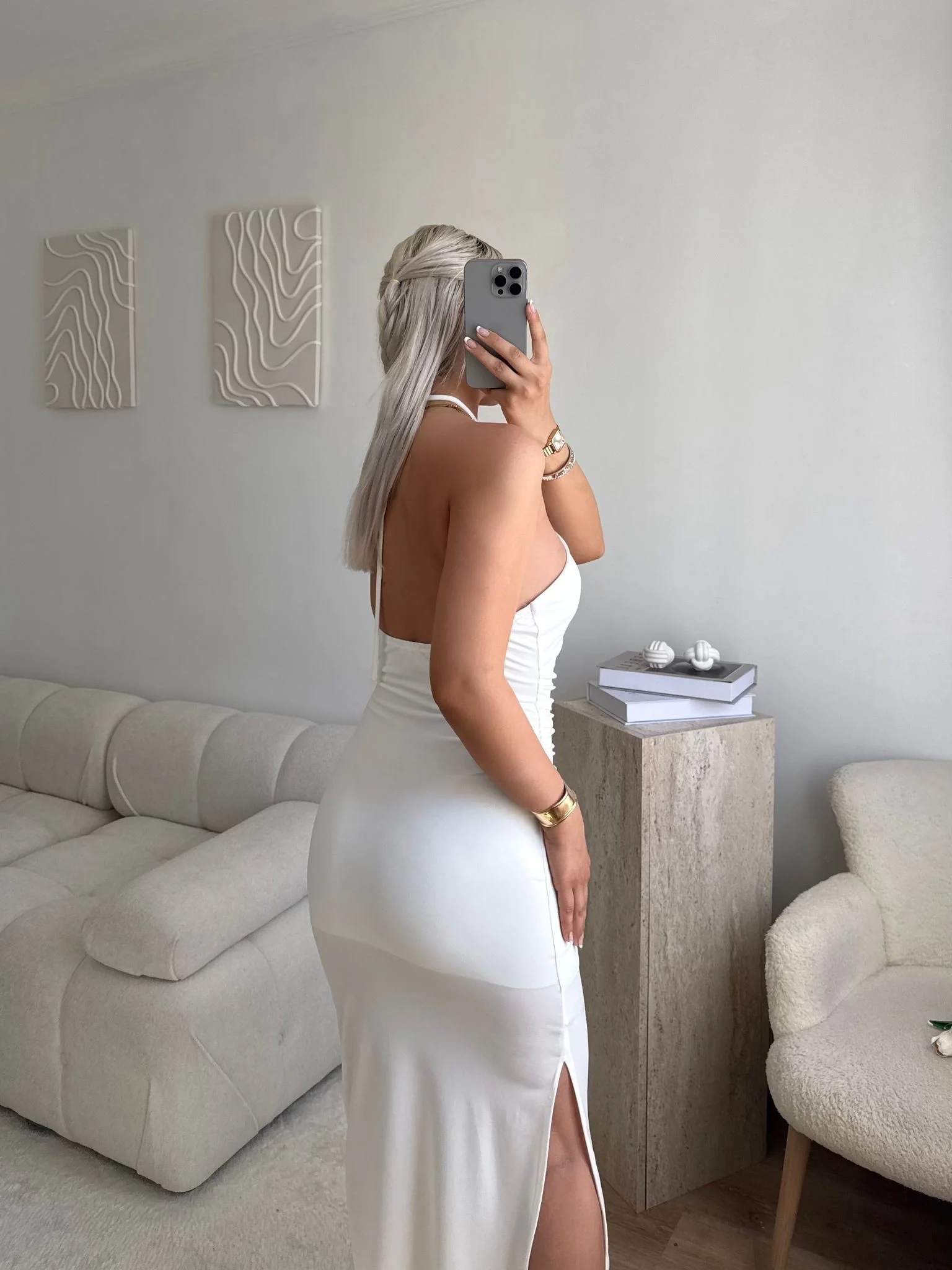 Sırt Dekolte Halter Yaka Elbise - BEYAZ