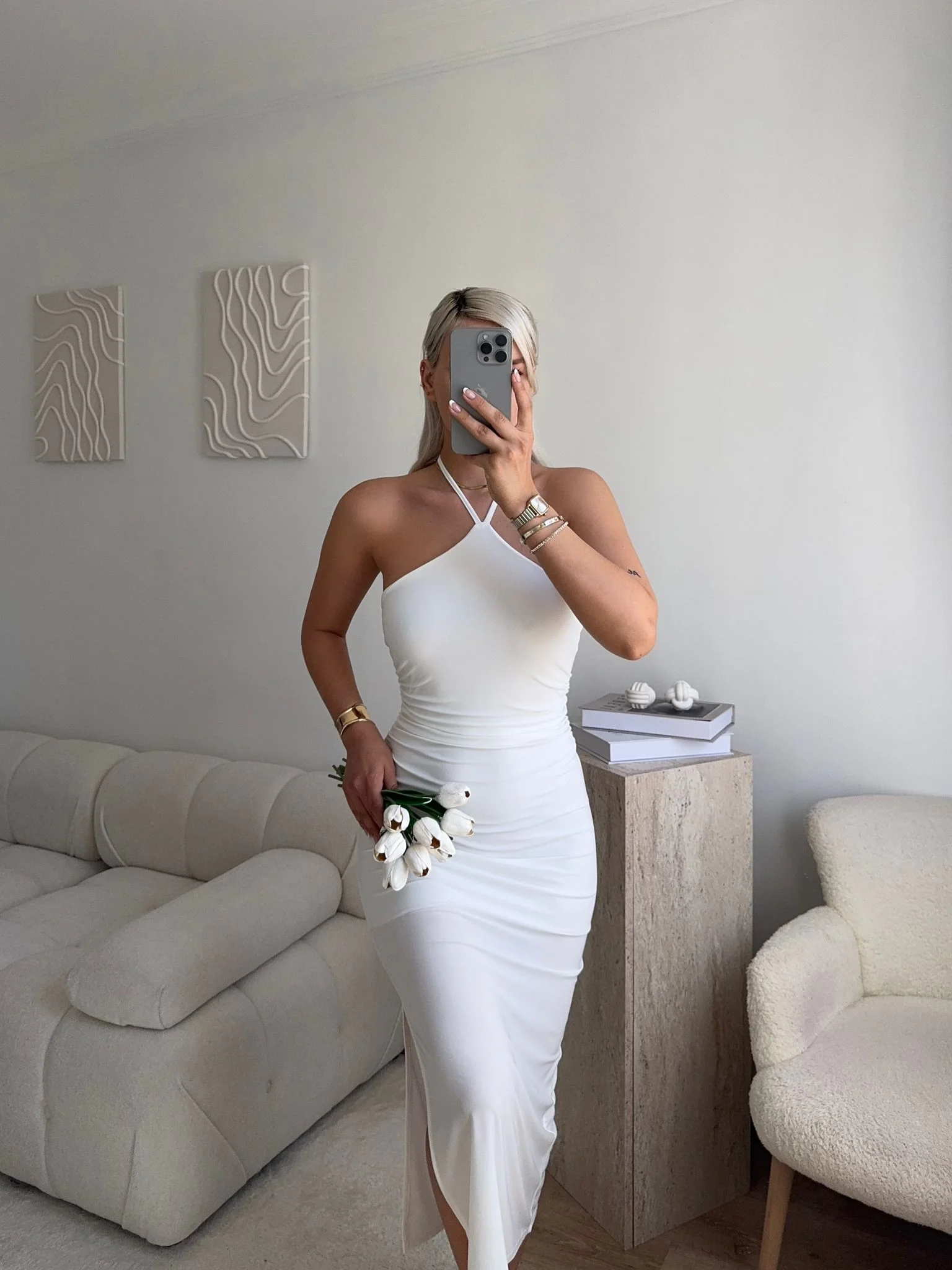 Sırt Dekolte Halter Yaka Elbise - BEYAZ