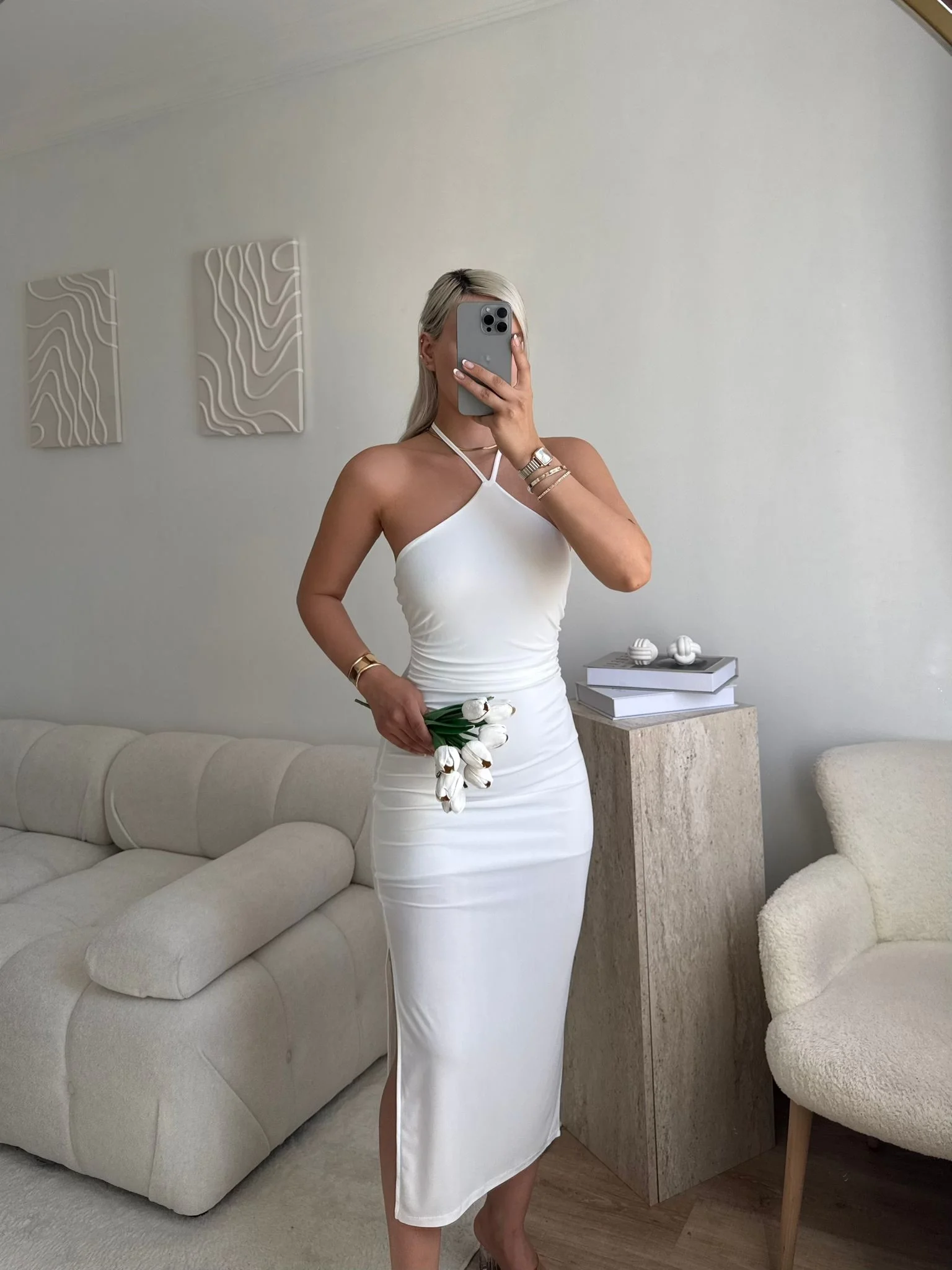 Sırt Dekolte Halter Yaka Elbise - BEYAZ