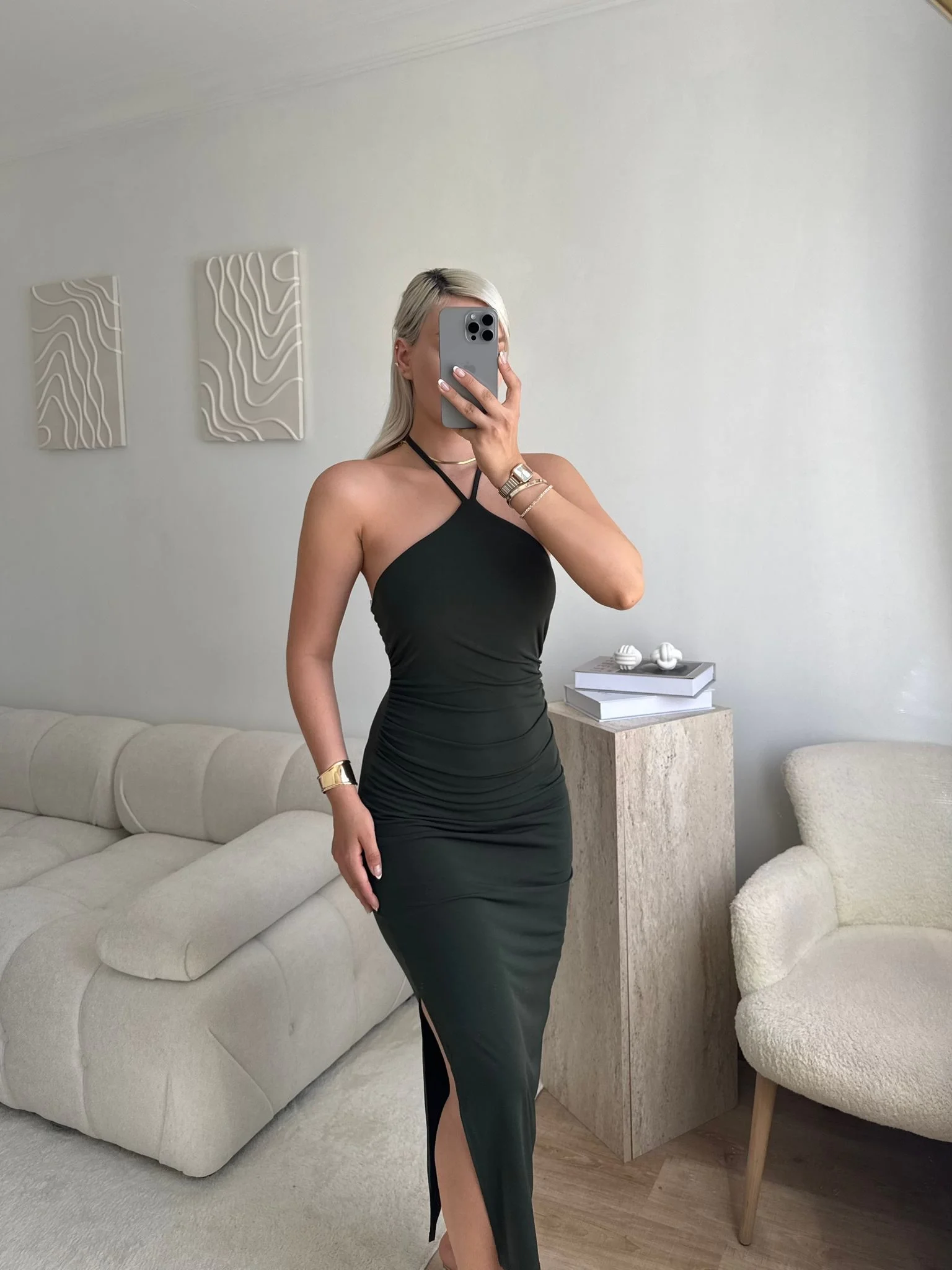 Sırt Dekolte Halter Yaka Elbise - HAKİ