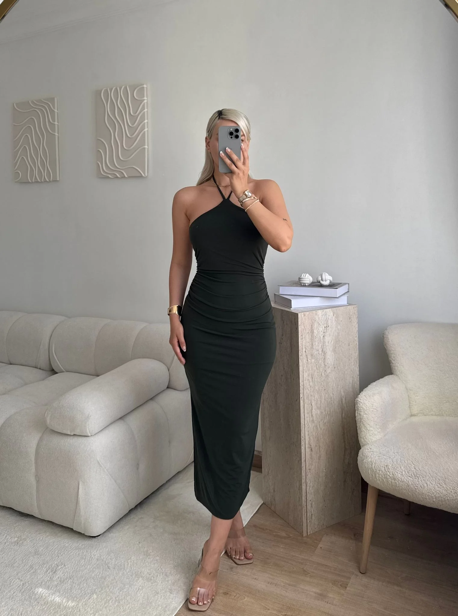 Sırt Dekolte Halter Yaka Elbise - HAKİ