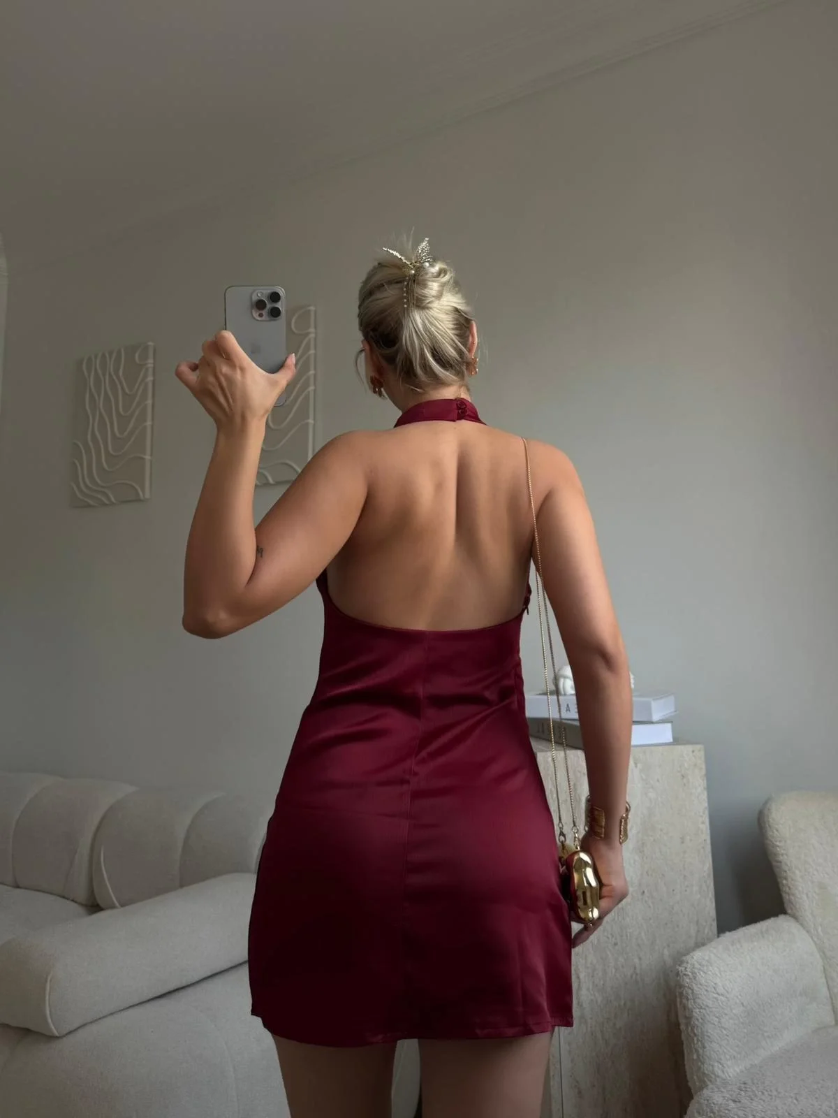 Sırt Dekolte Saten Elbise - BORDO