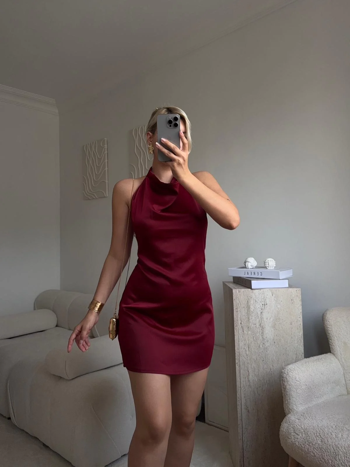 Sırt Dekolte Saten Elbise - BORDO