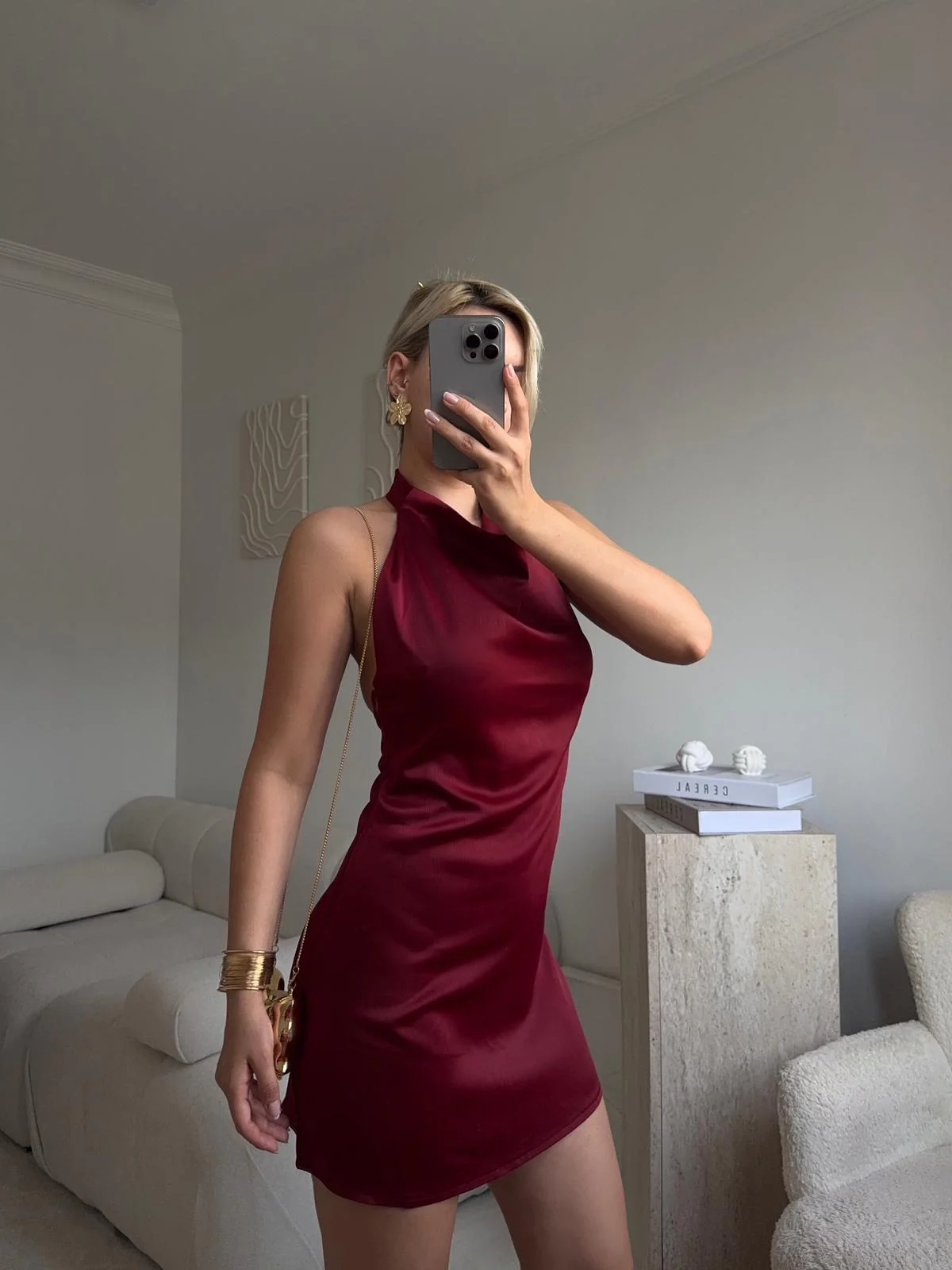 Sırt Dekolte Saten Elbise - BORDO