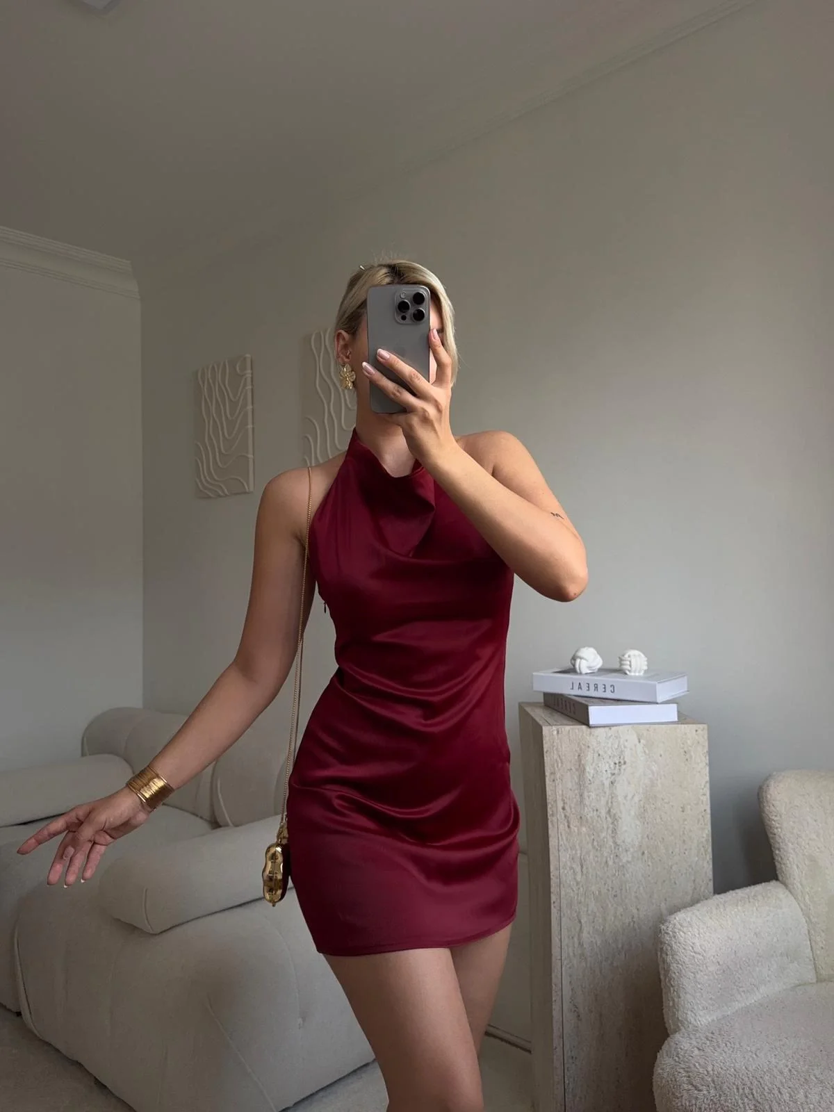 Sırt Dekolte Saten Elbise - BORDO