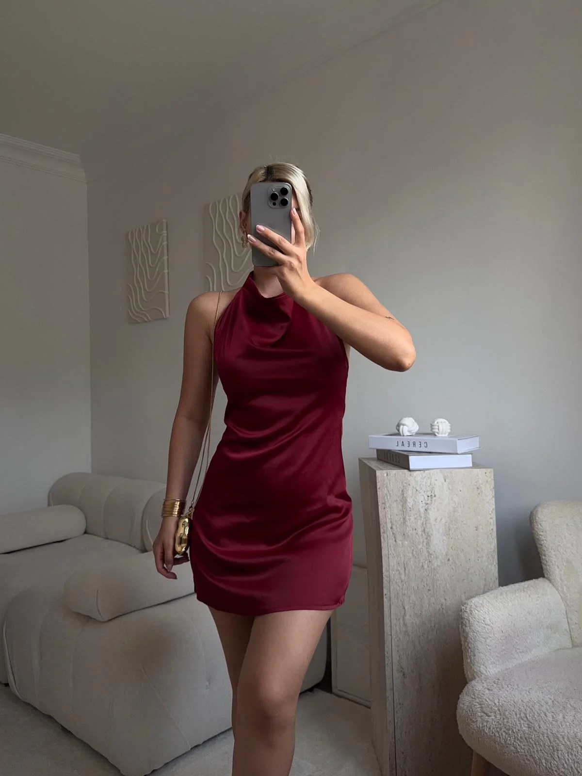 Sırt Dekolte Saten Elbise - BORDO