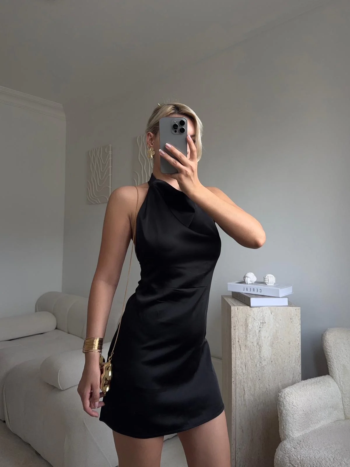 Sırt Dekolte Saten Elbise - SİYAH