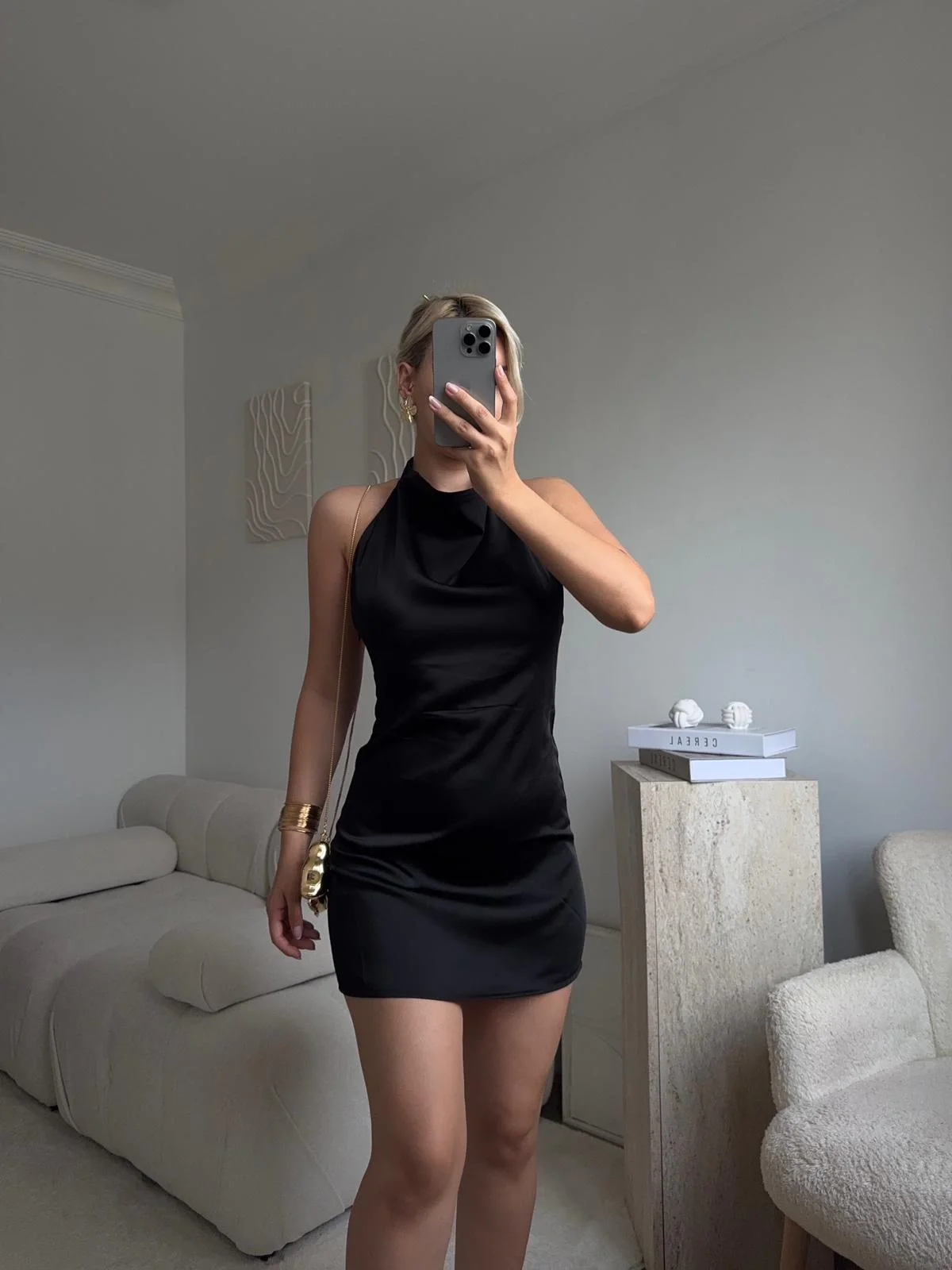 Sırt Dekolte Saten Elbise - SİYAH