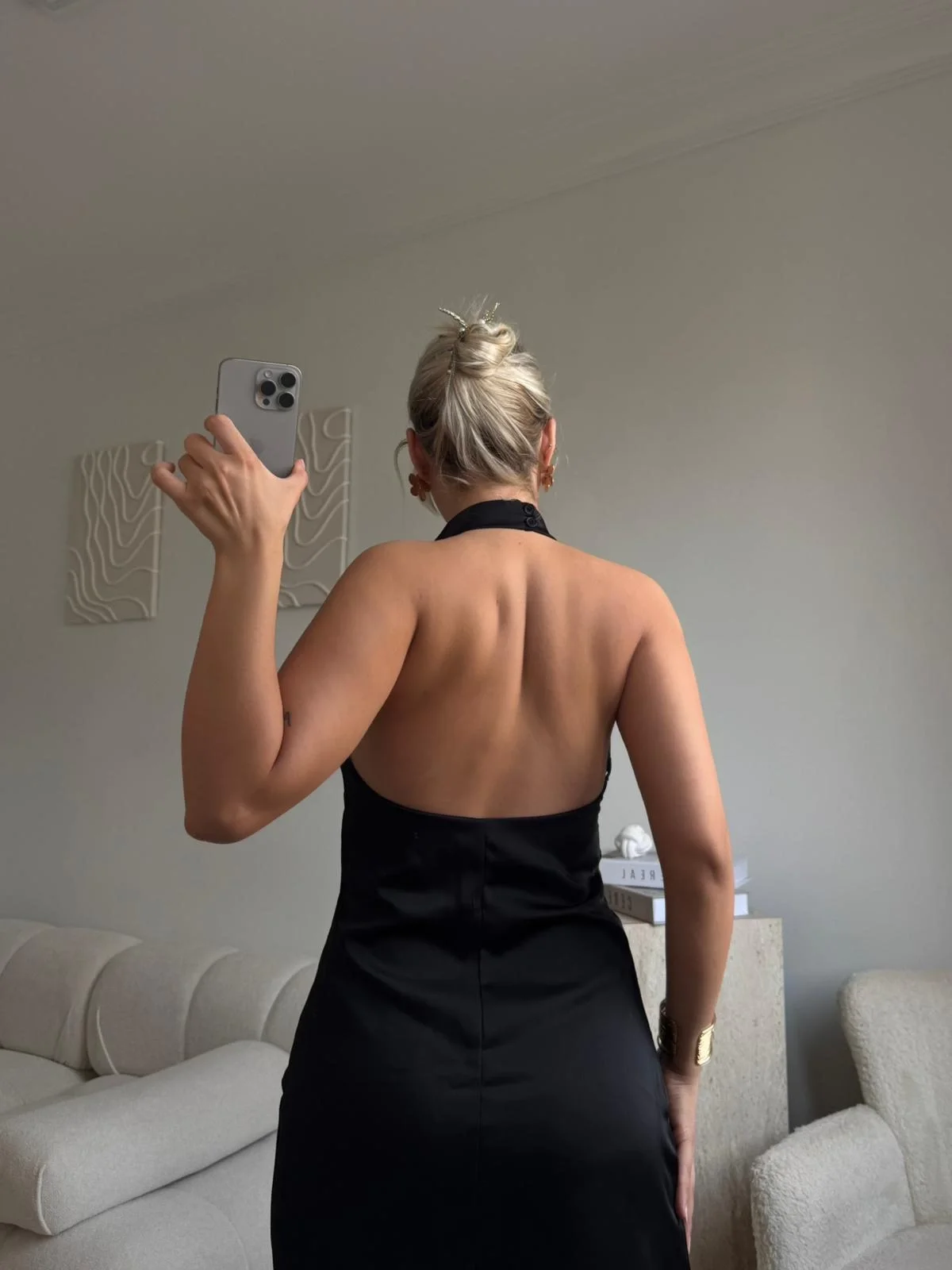 Sırt Dekolte Saten Elbise - SİYAH