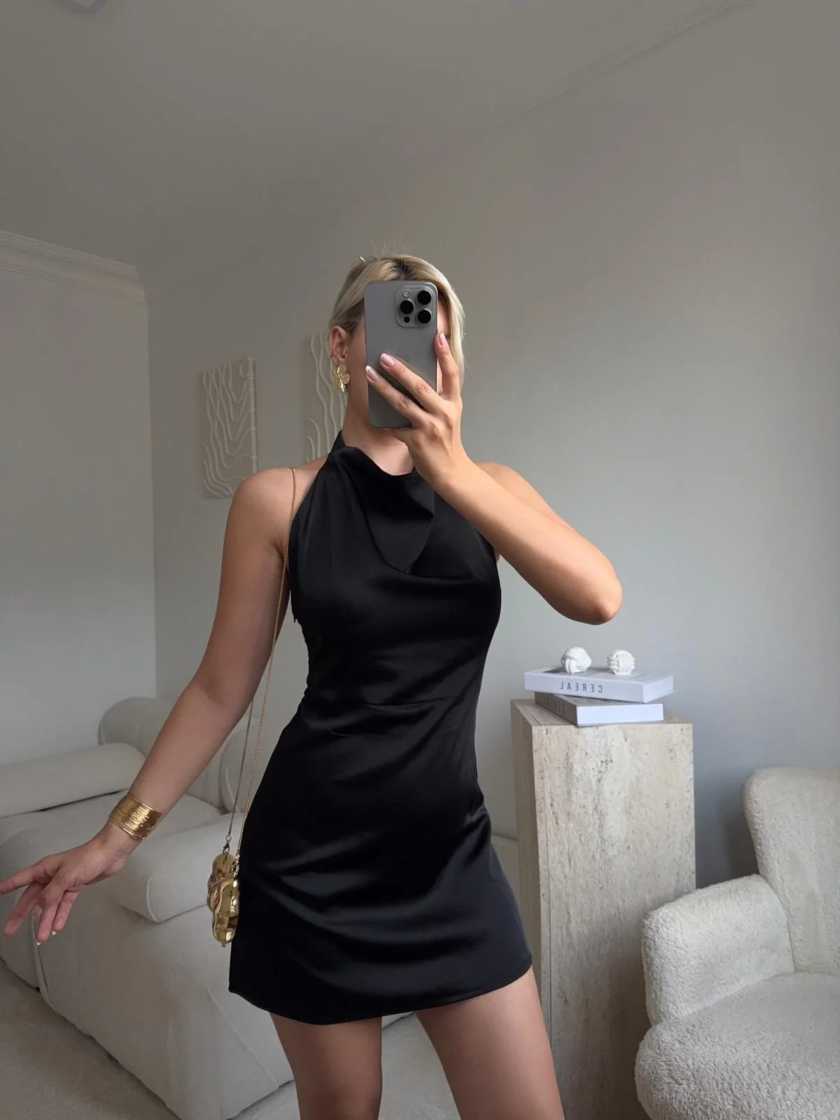 Sırt Dekolte Saten Elbise - SİYAH