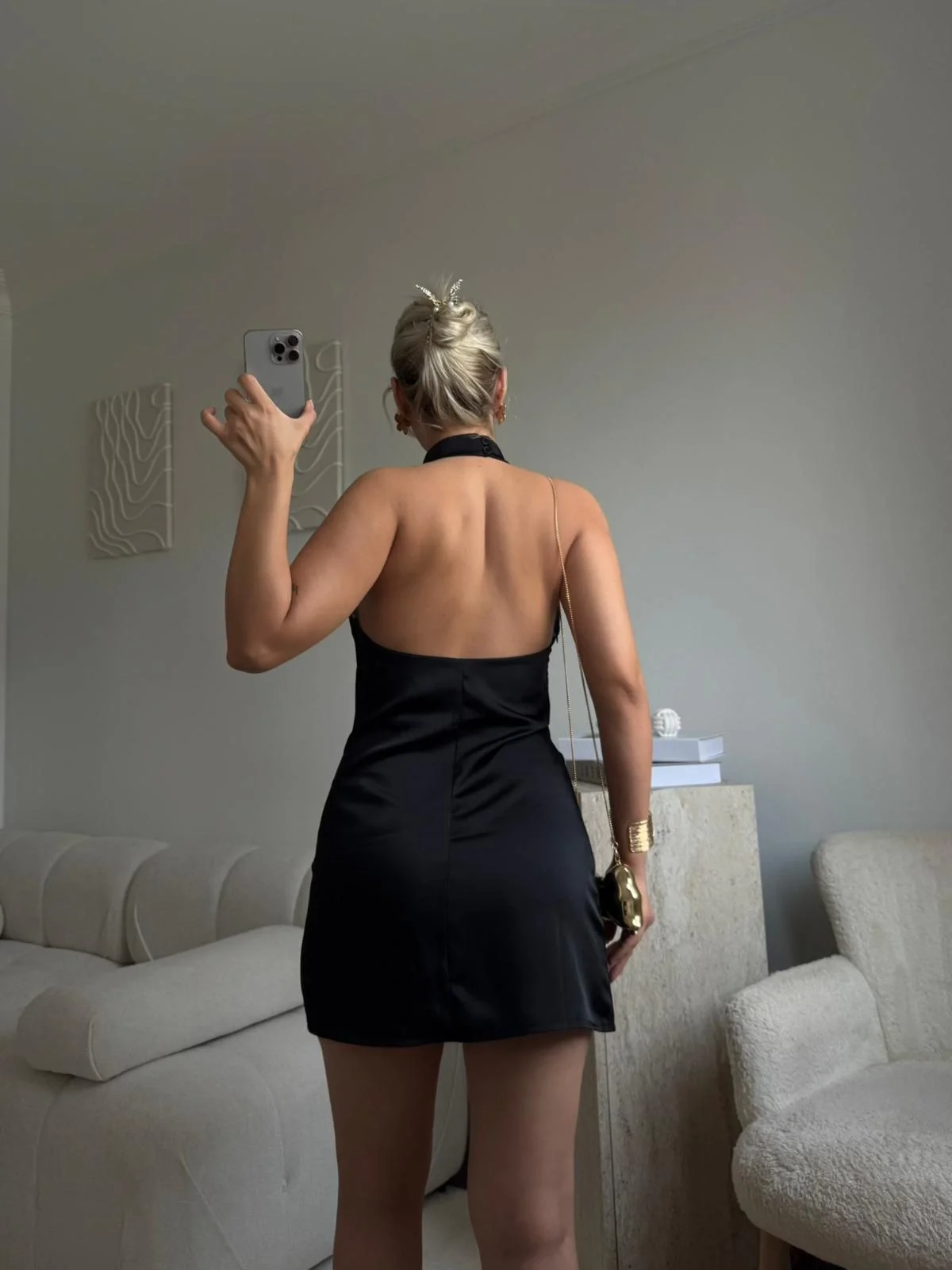 Sırt Dekolte Saten Elbise - SİYAH