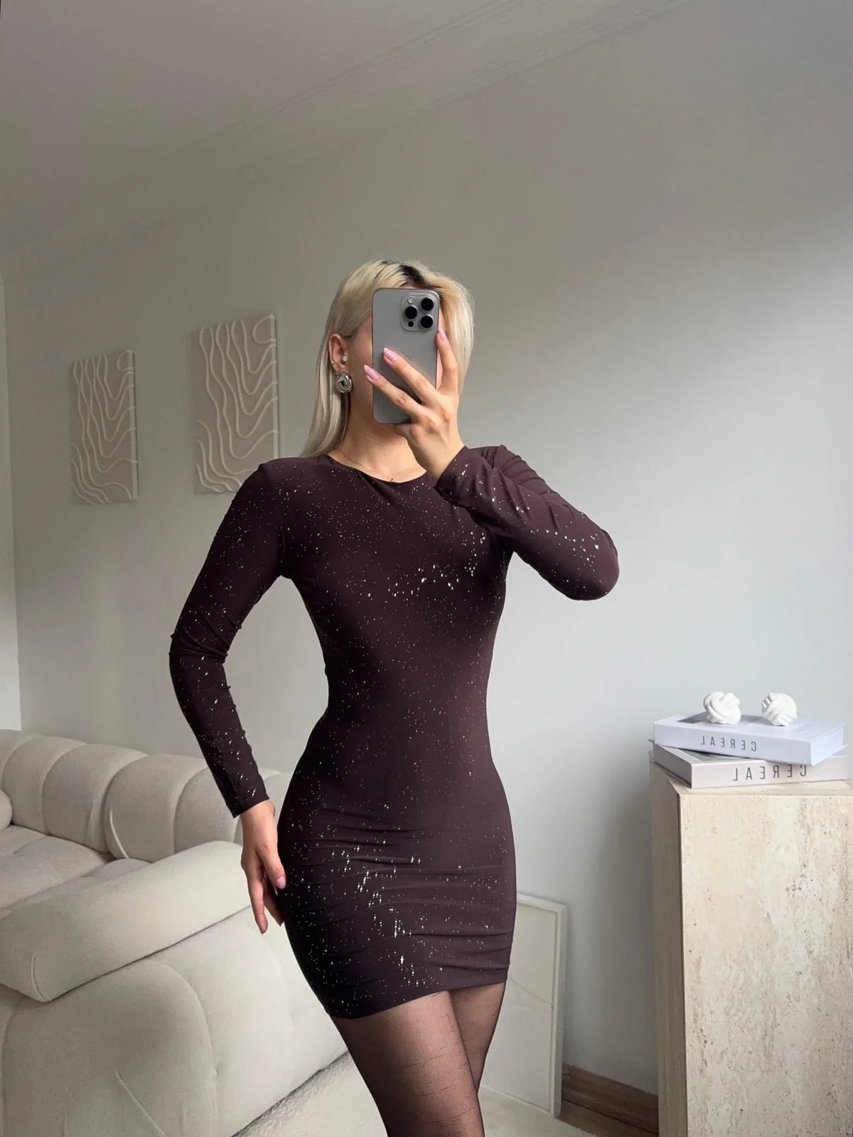 Sırt Dekolte Simli Elbise - KAHVE