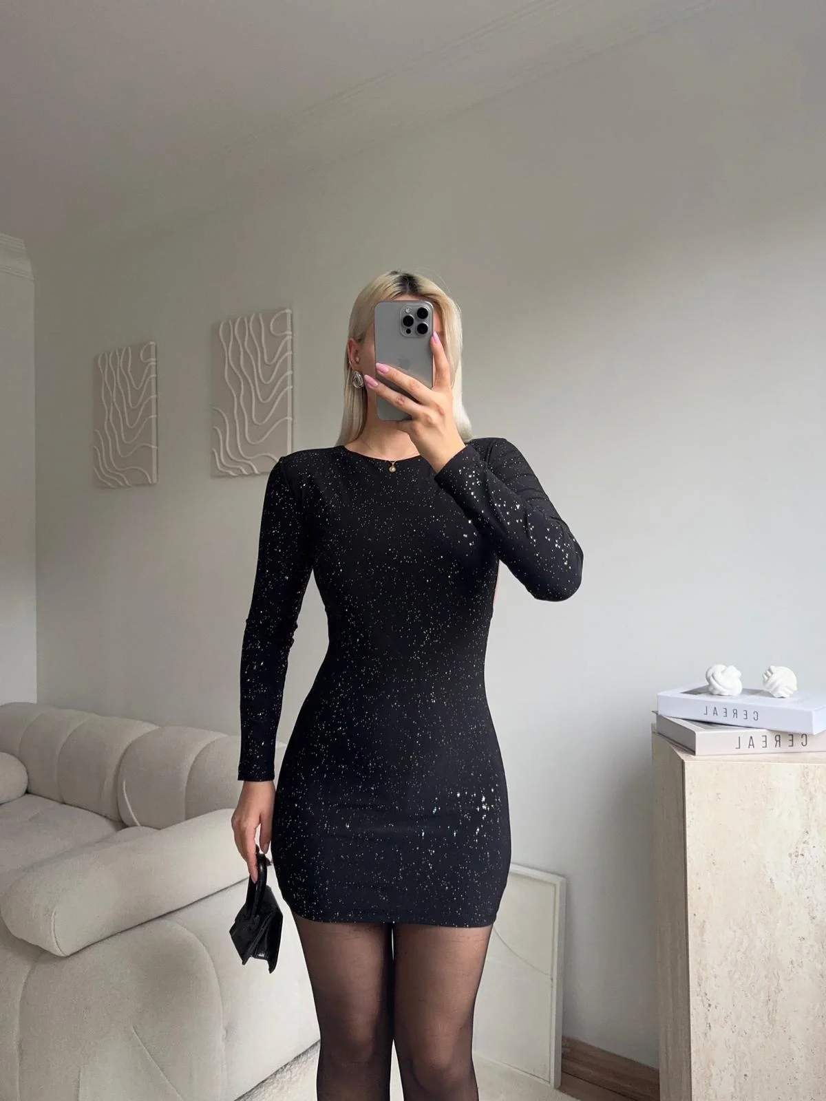 Sırt Dekolte Simli Elbise - SİYAH